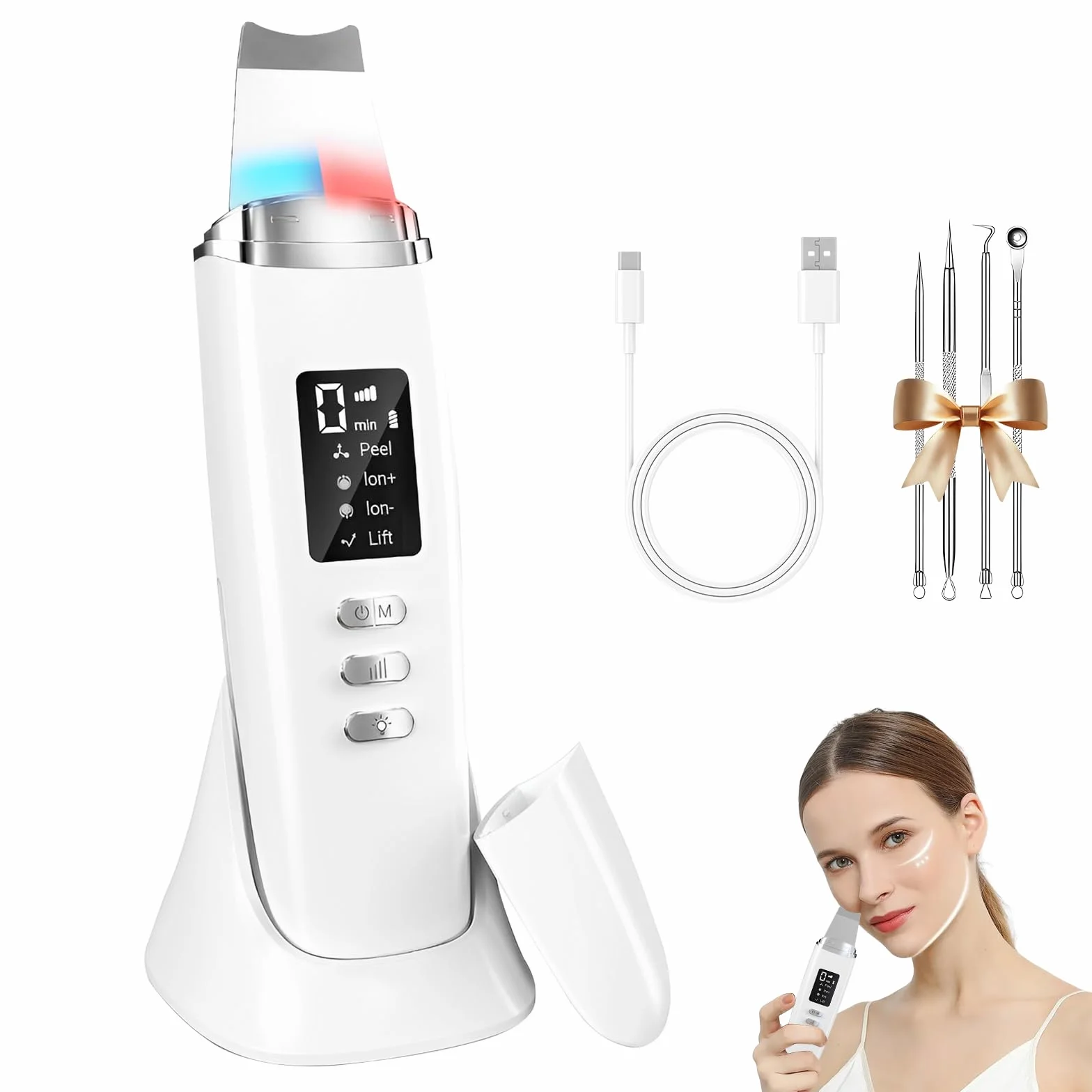 Ultrasonic Skin Scrubber Pore Cleaner z 4 trybami pracy i czerwonym niebieskim światłem