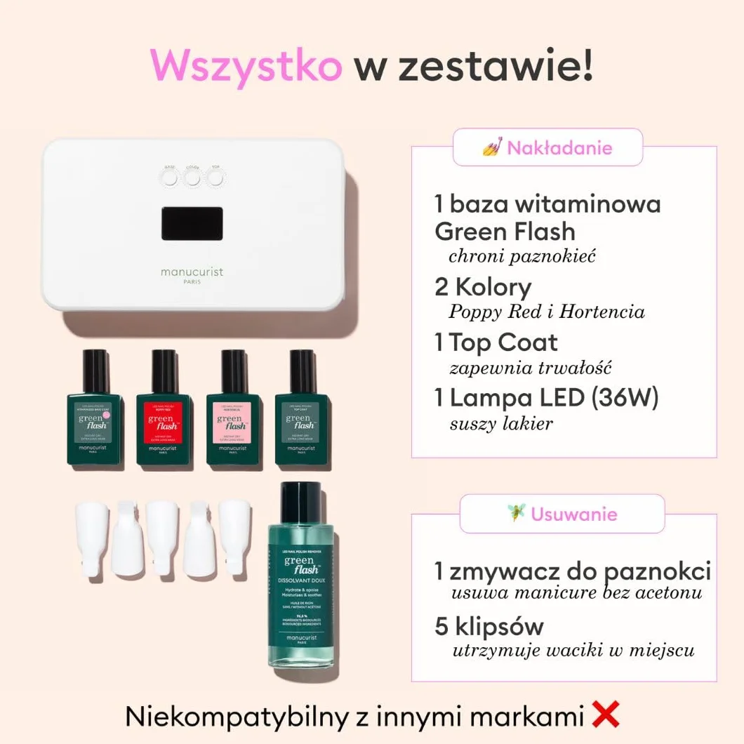 MANUCURIST - Zestaw lakierów żelowych Green Flash Slim - Lampa LED 36 W z powłoką bazową + Top Coat + 2 kolory żelowe: Poppy Red & Hortencia + Lampa LED + Remover + Klipsy - Prezent dla kobiet