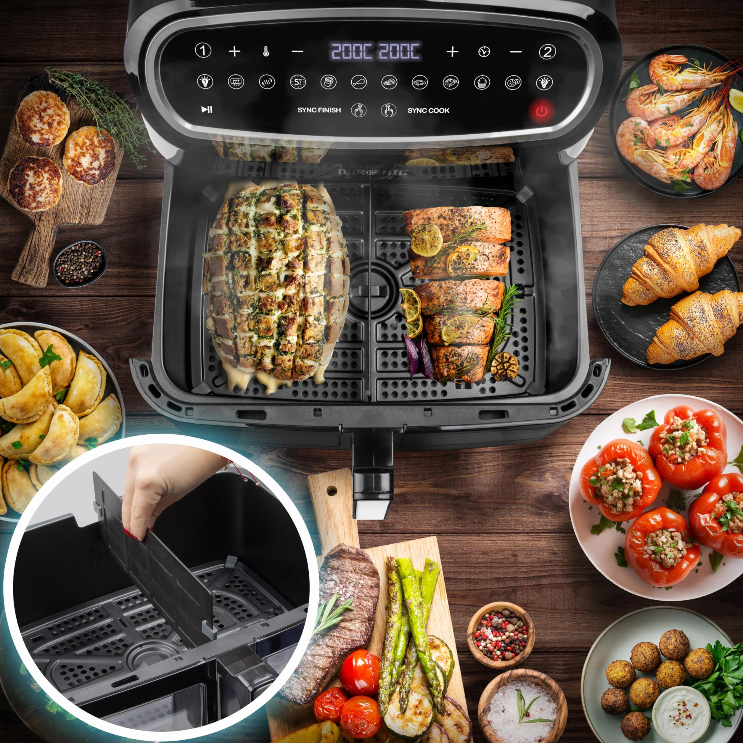 Duronic AF34 BK Frytkownica beztłuszczowa na gorące powietrze | Air fryer XXL z AFD1 duża komora 10l i 2x po 5l dwukomorowa wielofunkcyjna | dual