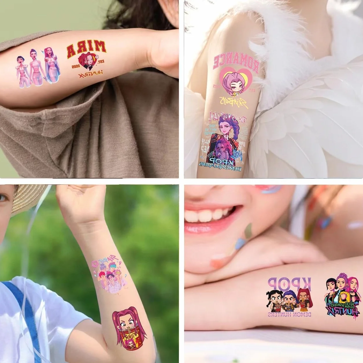 40 arkuszy Łowców Demonów Tymczasowe tatuaże dla dzieci, tatuaże K-pop Huntrix, usuwalne naklejki tatuaże, zestaw tatuaży dla dziewczynek, transfery dla dzieci, prezenty urodzinowe, dekoracja na