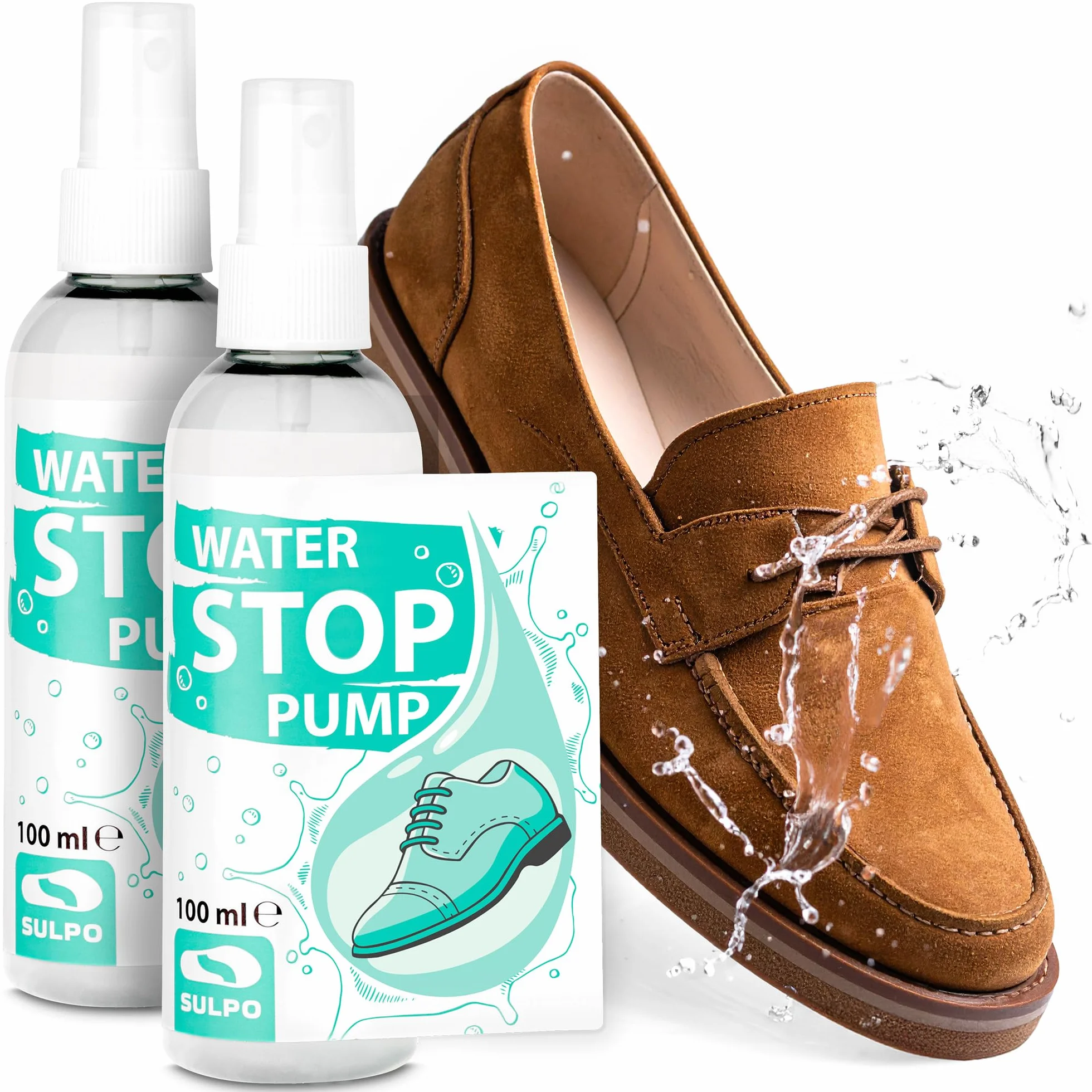 SULPO Impregnat do butów – Ochrona WATER STOP do obuwia, tkanin i skóry – Do sneakersów, odzieży outdoorowej, dziecięcych i zwierzęcych akcesoriów 2 x 100 ml