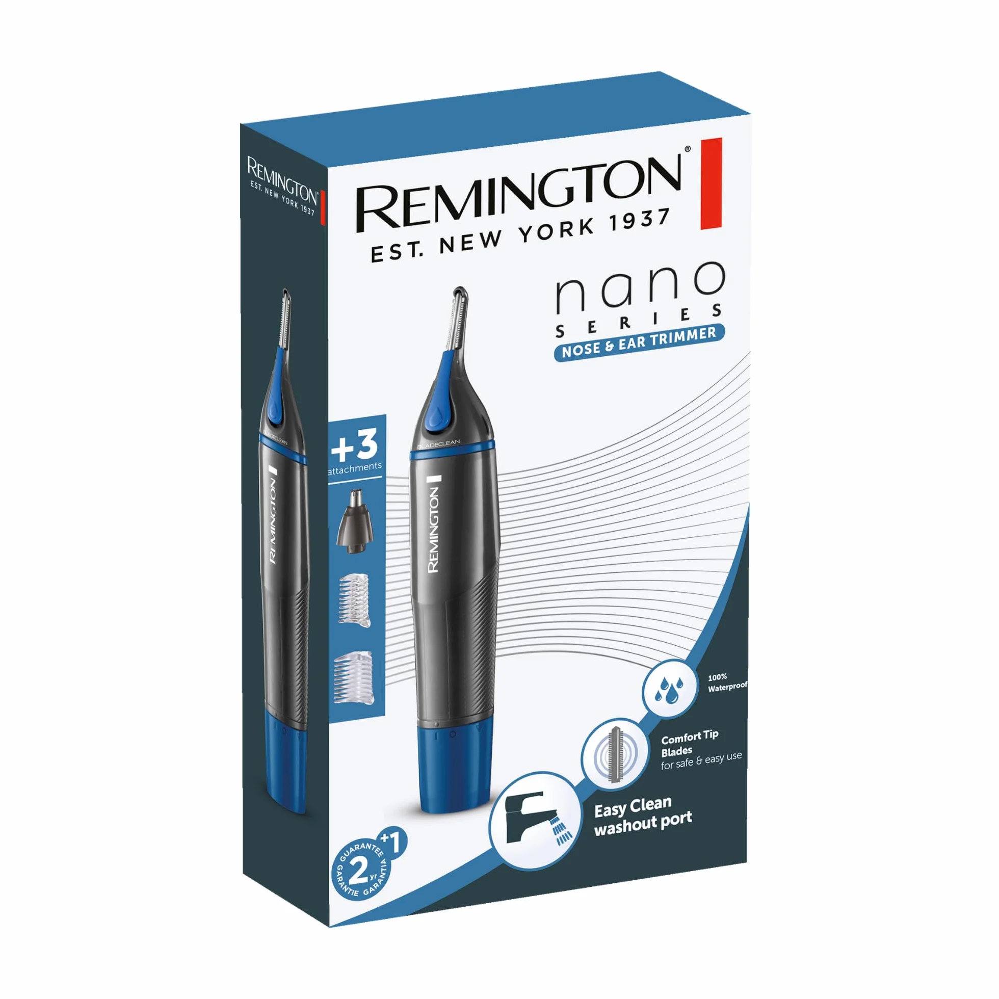 Remington trymer do nosa i uszu, powłoka antybakteryjna z nanosrebrem, dwustronny trymer, obrotowa głowica, zaokrąglone ostrza, nakładki grzebieniowe, szary, Hygiene Clipper NanoSeries NE3850