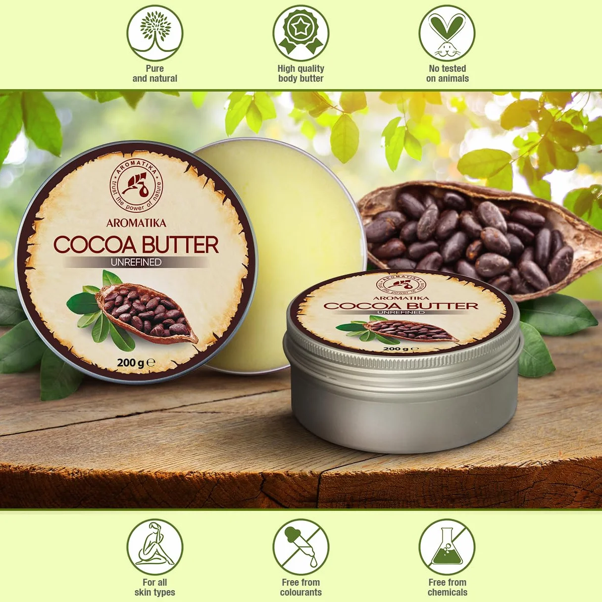 Cocoa Butter Pure & Natural 200g - Burkina Faso - Theobroma Cacao Seed Butter - Great Benefits for Skin - Hair - Face - Body - Lip care - Cacao Butters