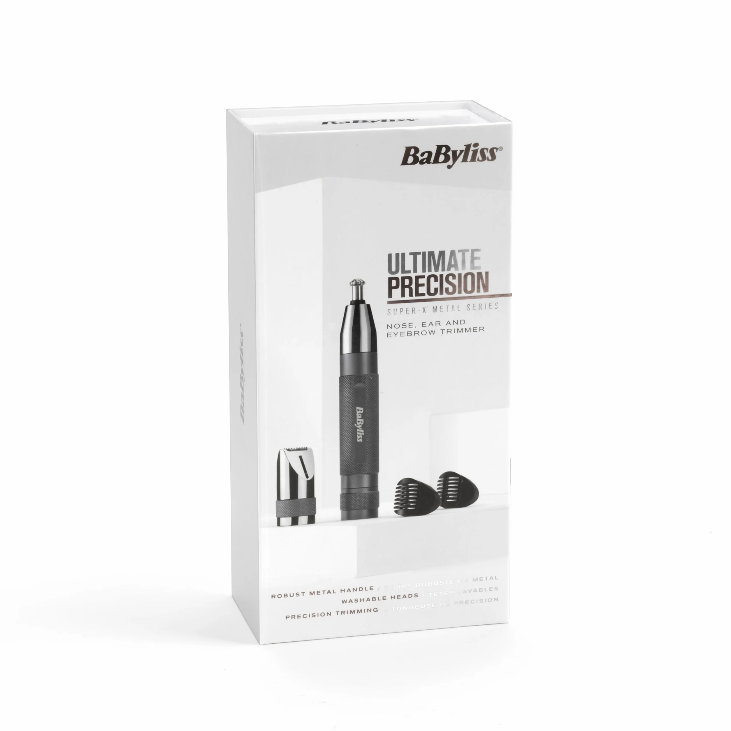 BaByliss Super-X Metal Precision Detail Trimmer - 3 w 1 Trymer do nosa, uszu i brwi, 2 nakładki, 2 nakładki grzebieniowe, zasilany bateryjnie – E116E