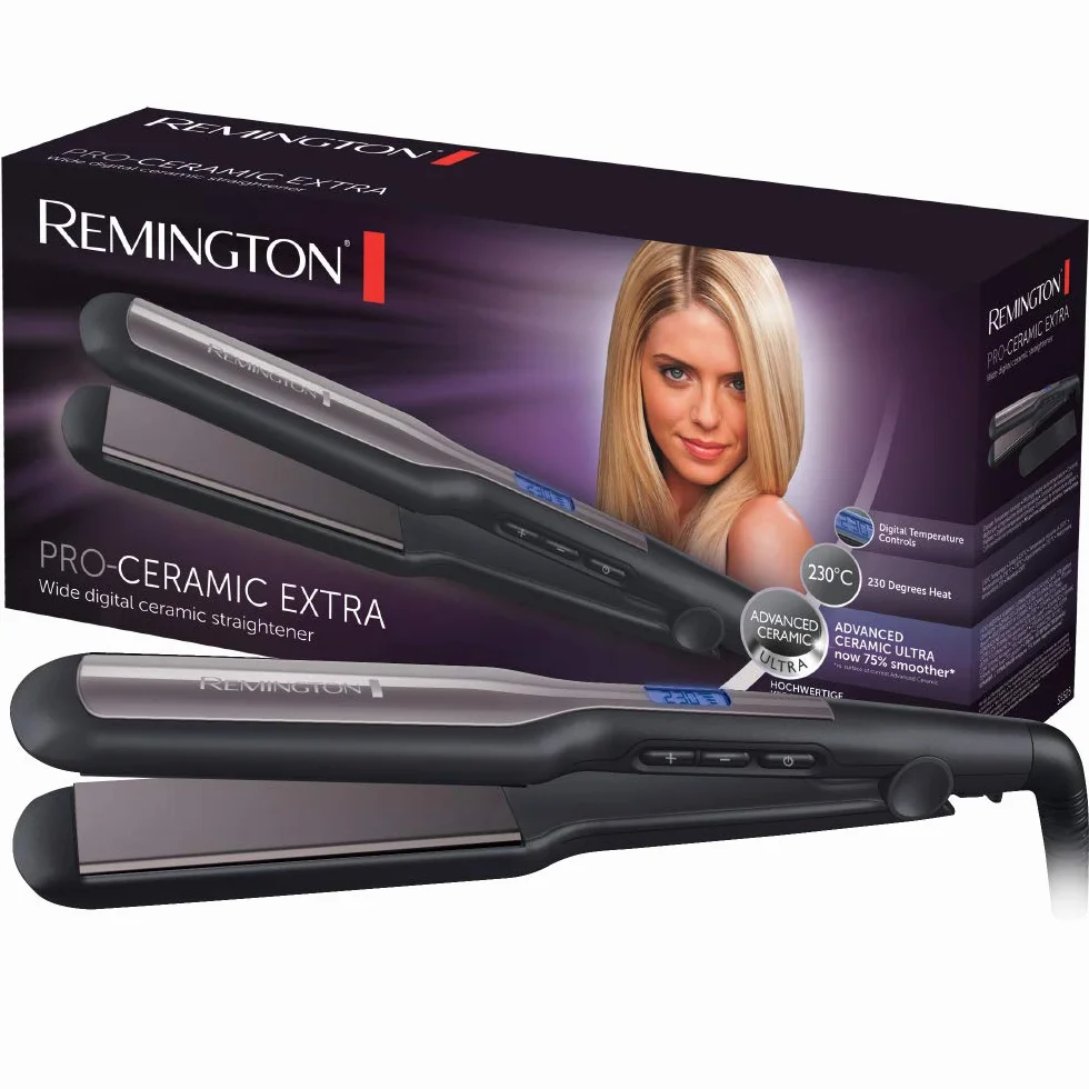Remington prostownica do włosów, powłoka ceramiczna, szerokie płytki, zakres temp. 150-230°C, funkcja Turbo, szybkie nagrzewanie, ruchome płytki, etui w zestawie, czarna, Pro Ceramic Extra S5525