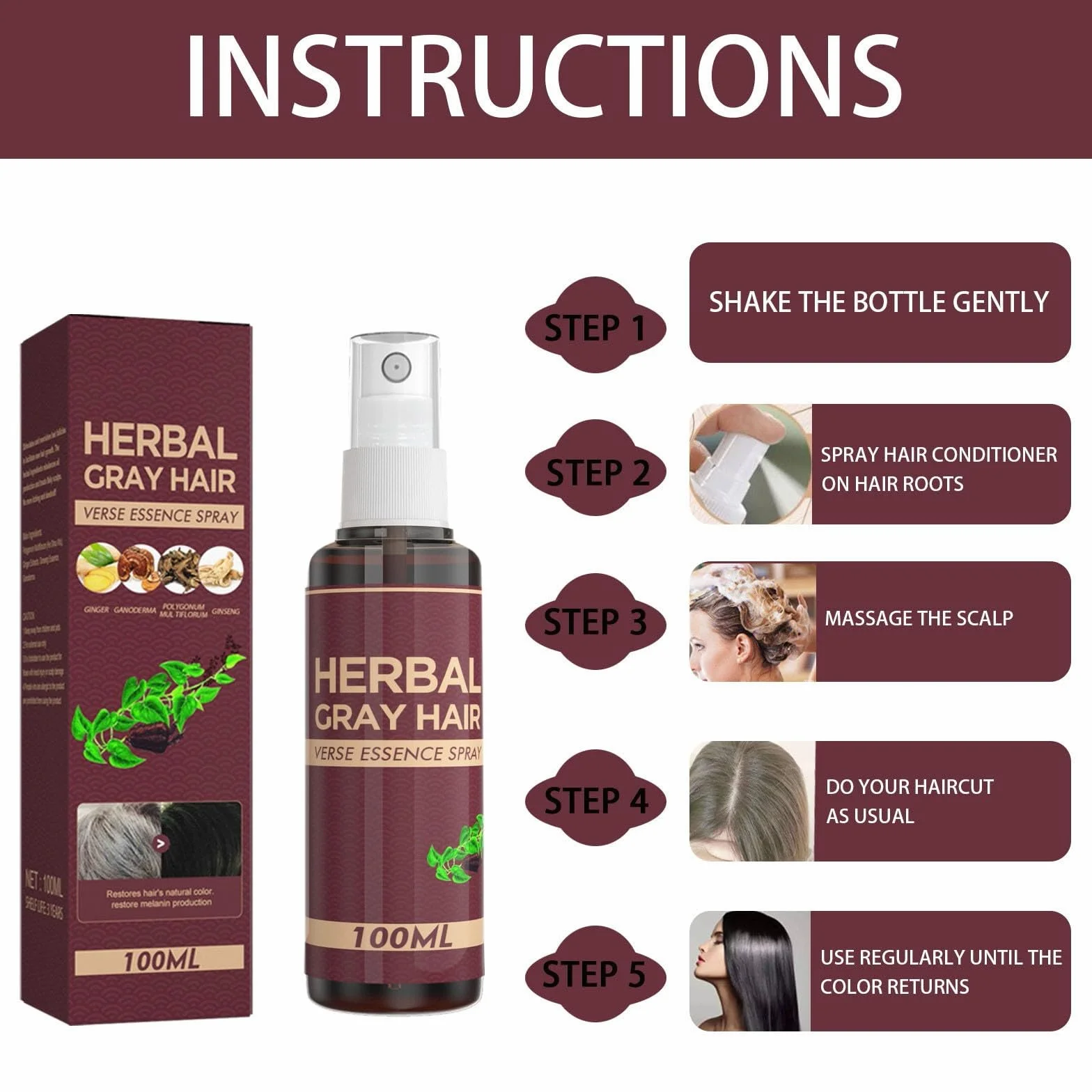Herbal Gray Hair Spray, ciemna odżywka, ziołowy lakier do włosów siwych włosów, wspomaga naturalny ciemniejszy wygląd, wzmacnia pielęgnację (3 szt.)