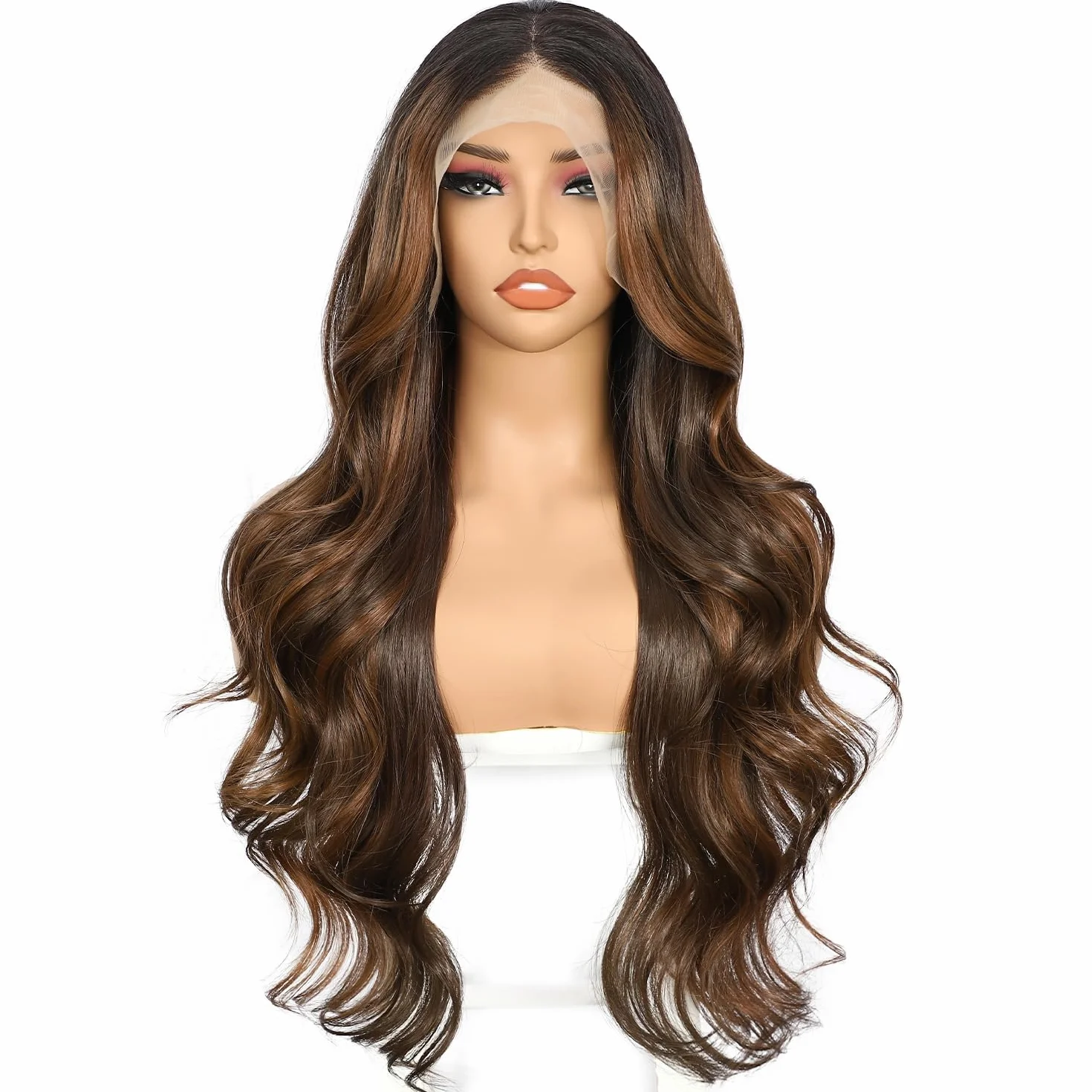 Sapphirewigs Brązowa koronkowa peruka z przodu 13x4 syntetyczna fala balejaż