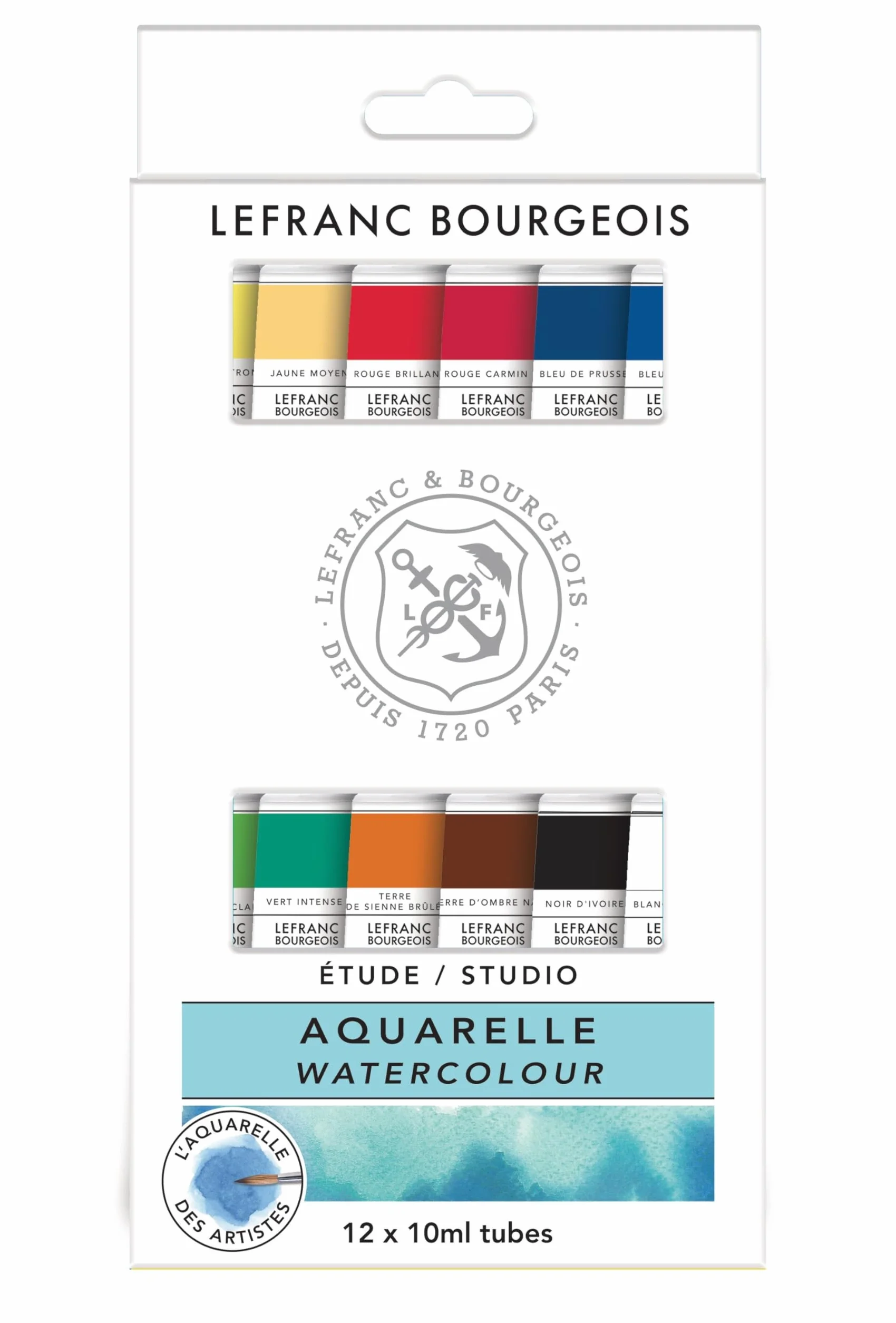 Lefranc & Bourgeois 301448 zestaw akwarelowy z 12 mocnymi farbami akwarelowymi studyjnymi, wysokiej jakości farby akwarelowe o doskonałej odporności na światło, przezroczystości, blasku – 12 kolorów w
