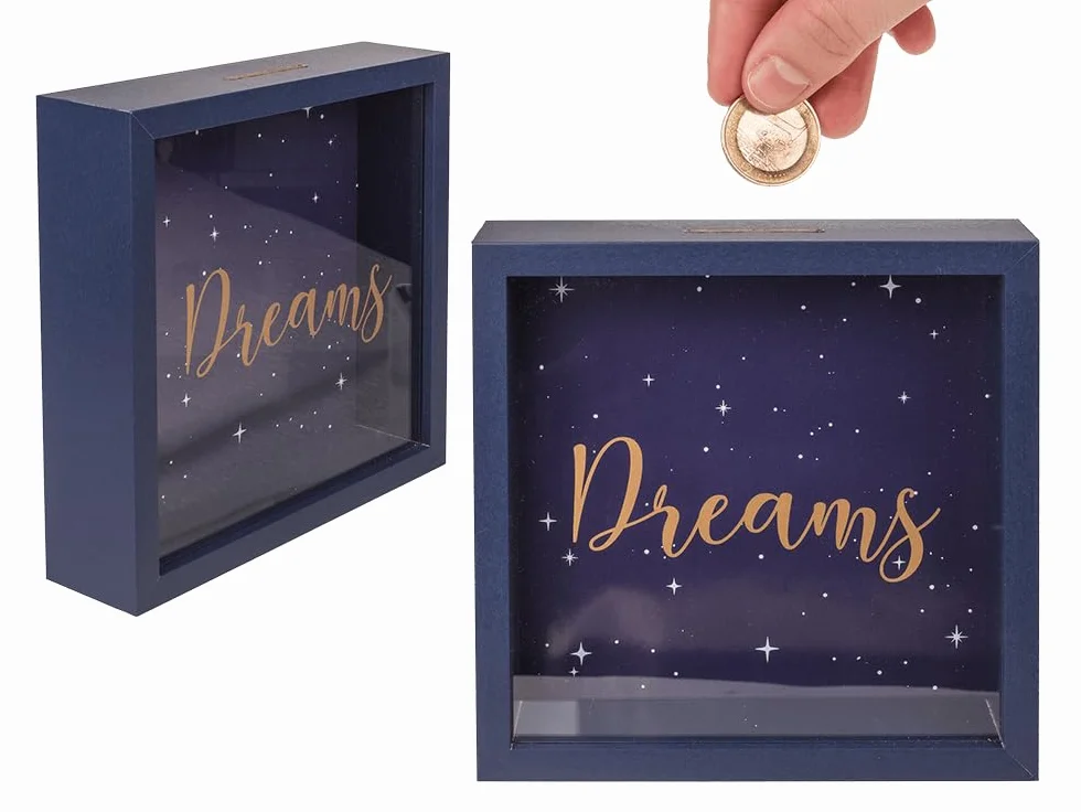 Drewniana skarbonka, Dreams, w ramie, ok. 20 x 20 cm, niebieska