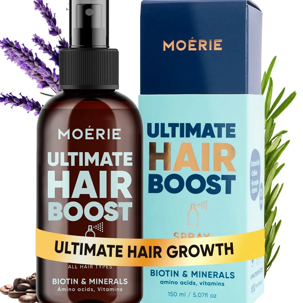 Moerie Ultimate Mineralny spray do wzrostu włosów – dla dłuższych, grubszych, pełniejszych włosów, z biotyną i kofeiną, wegańskie produkty do włosów, bez parabenów, wszystkie rodzaje włosów, odwrotne