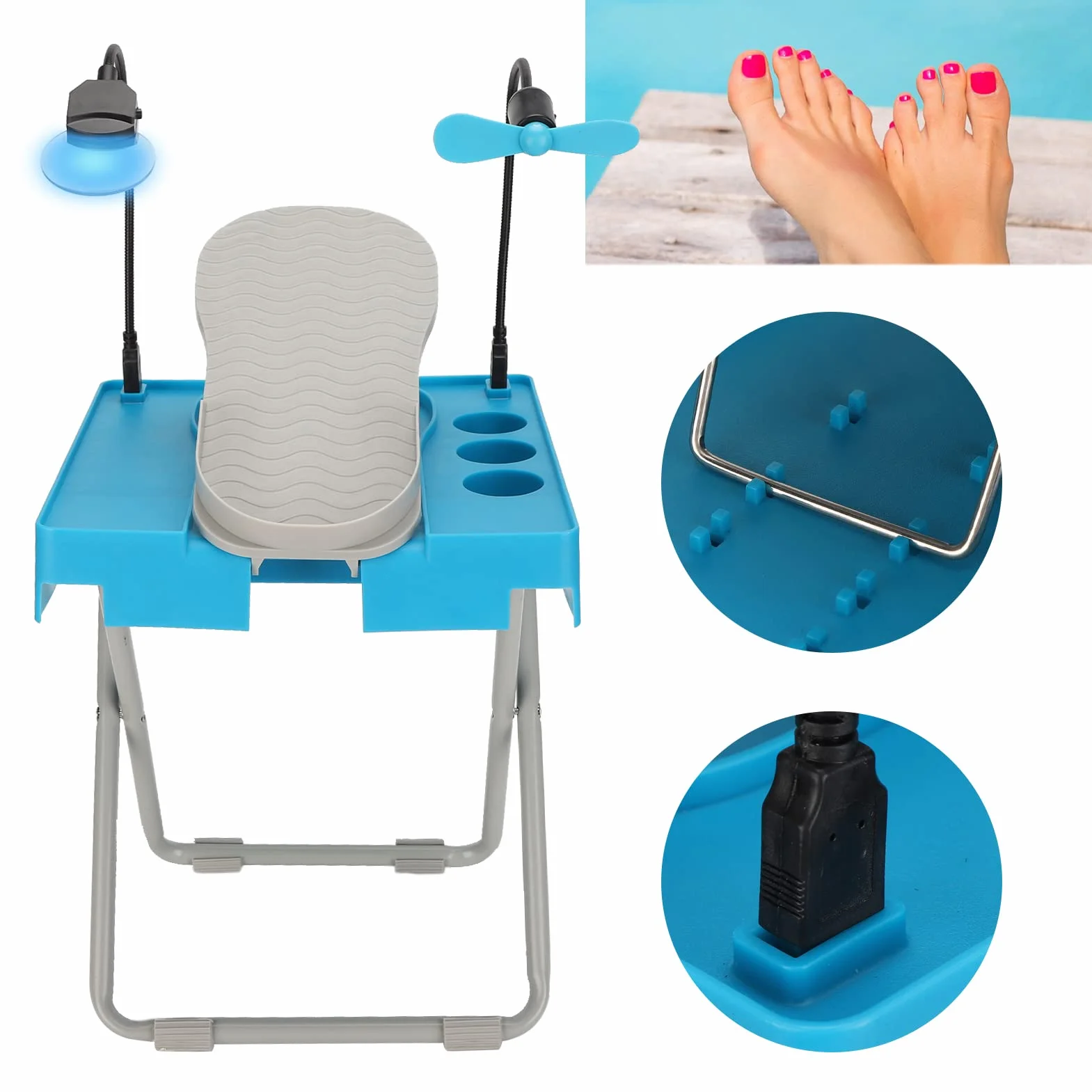 Pedicure Podnóżek, Pedicure Stojak Składany Profesjonalny Regulowany Niezawodna Solidna Stabilna z LED Lupa Wentylator Suszący do Salonu Paznokci dla Domu