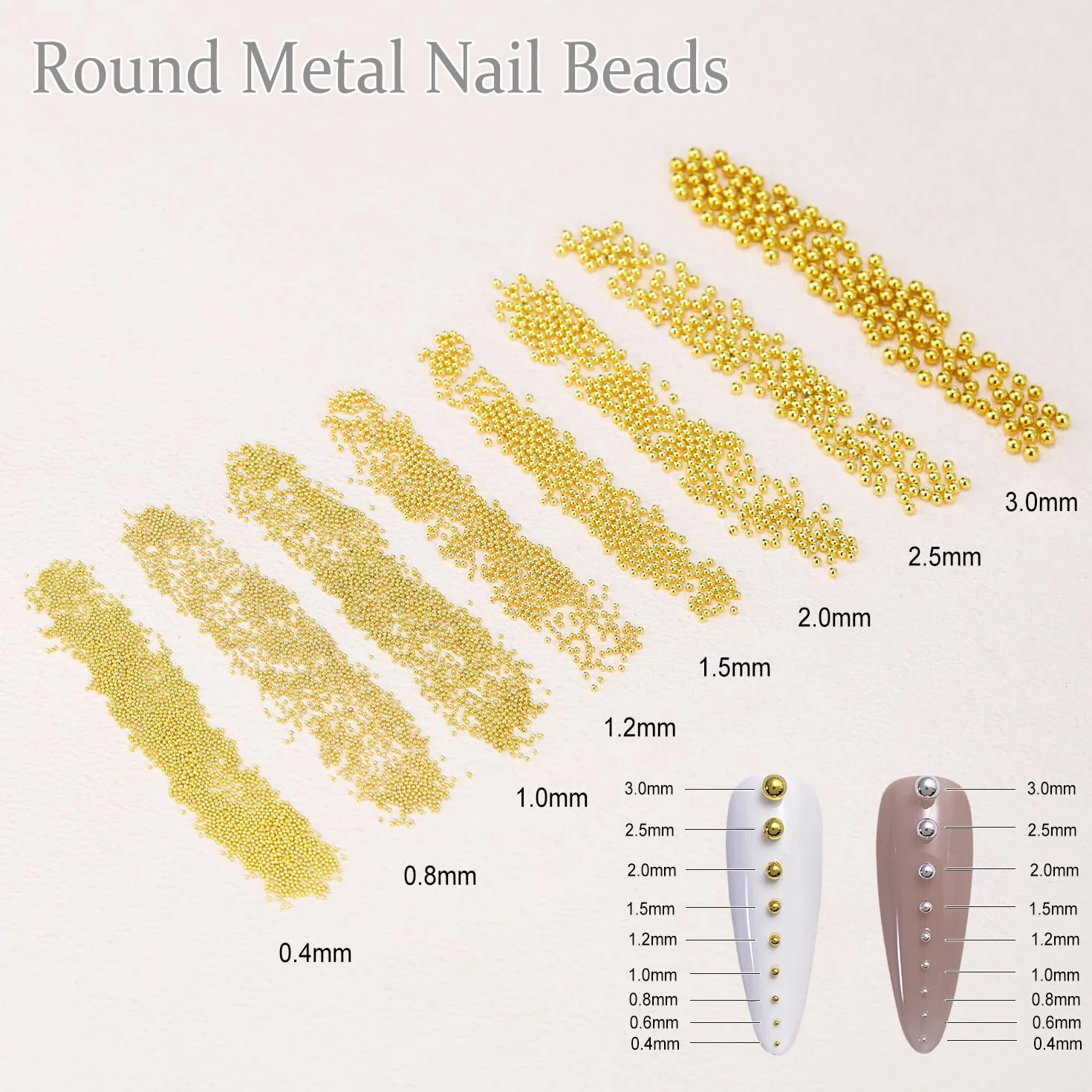 Mini koraliki do paznokci, 1-3 mm, metalowe koraliki kawiorowe, srebrne i złote, koraliki do zdobienia paznokci, mikrokawior do paznokci, cyrkonie do dekoracji manicure