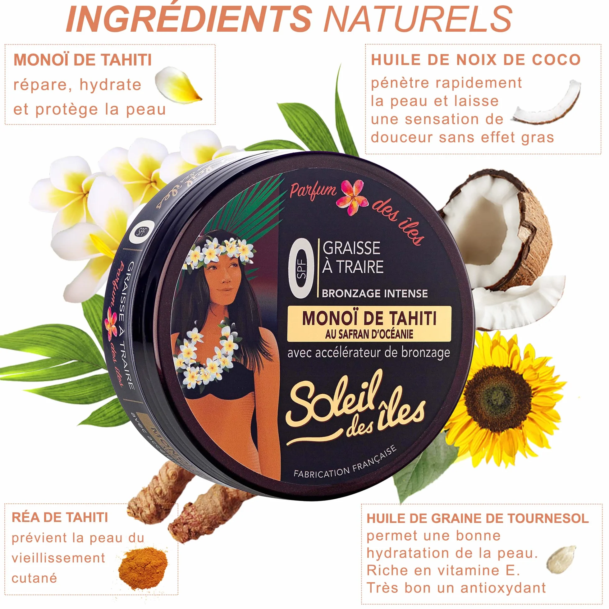 Soleil des Iles | Smar do doju Monoi de Tahiti + Rea, akcelerator opalania, wodoodporny, perfumy wysp, wyprodukowano we Francji