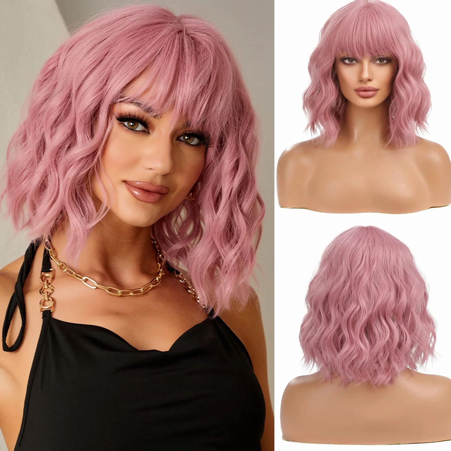 Esmee Krótkie Fale Różowe Peruki Bob z Grzywką do ramion Peruka Kręcone Faliste Syntetyczne Peruki Cosplay dla Kobiet-12 Cali