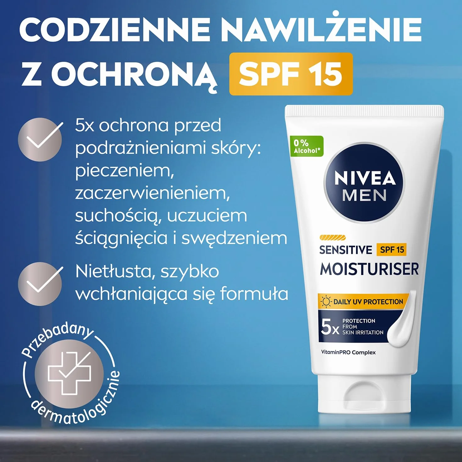 NIVEA MEN Sensitive Męski Krem nawilżający do twarzy, łagodzący i z SPF 15, Wyciąg z rumianku i Witamina E 75 ml