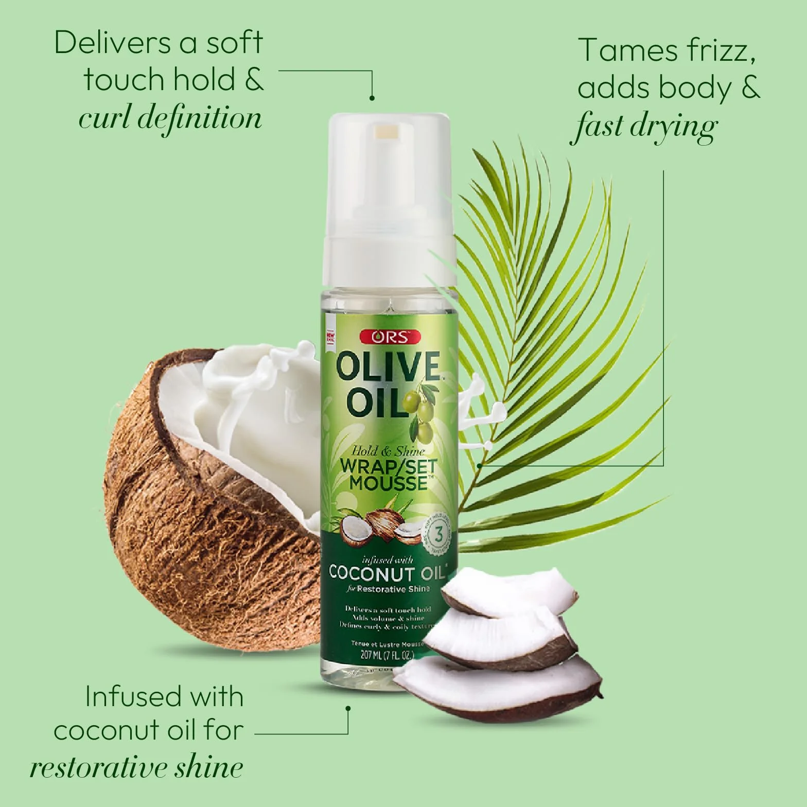 ORS Olive Oil Hold & Shine Wrap Set 207 ml - Pianka do włosów 207 ml - z kolagenem, pantenolem i oliwą z oliwek dla zdrowych, nawilżonych i lśniących włosów bez ich obciążania.