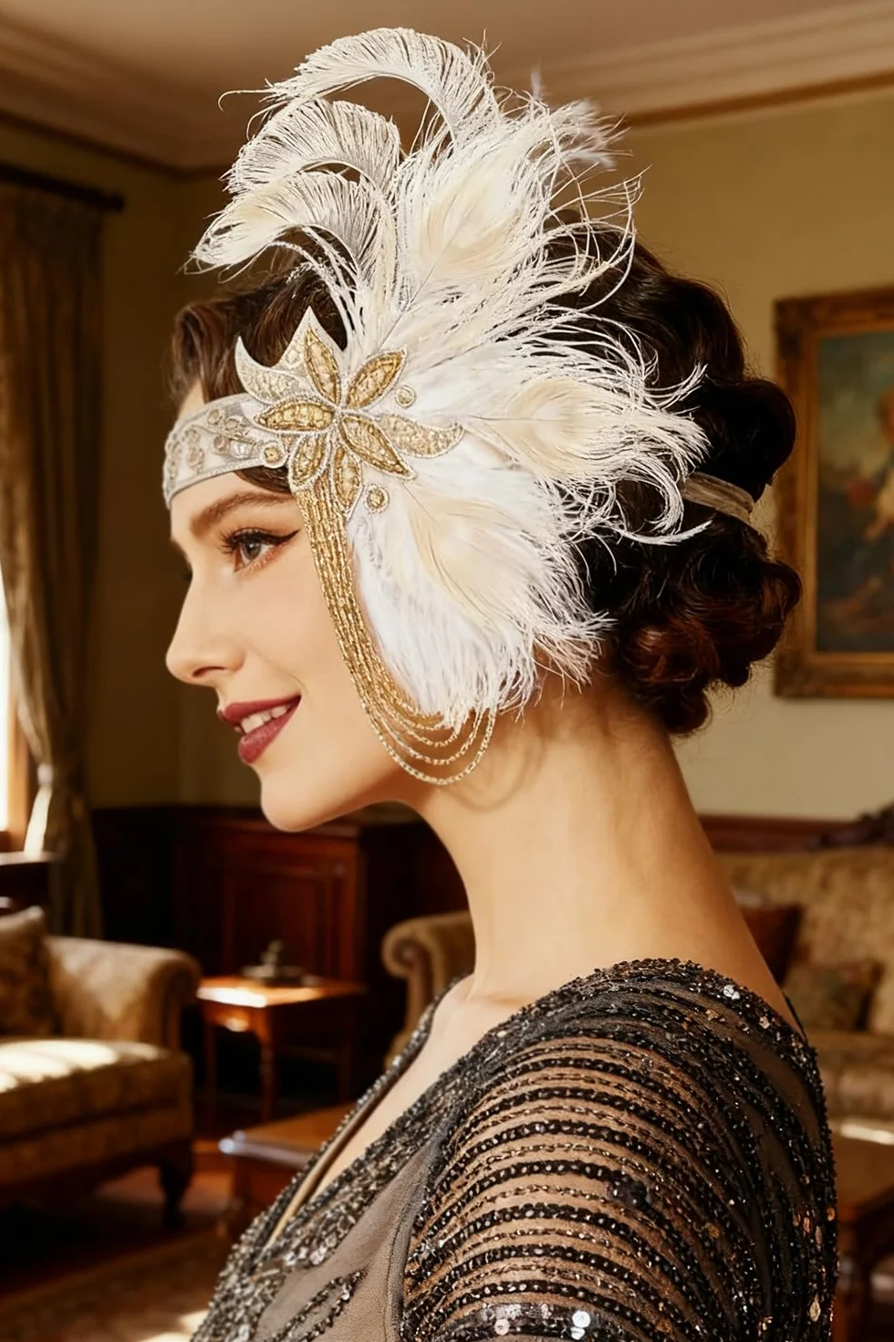 BABEYOND Ozdoba na głowę Wielkiego Gatsby z lat 20. XX wieku, opaska na czoło ze złotymi frędzlami, na karnawał, bal i wesele, beżowa