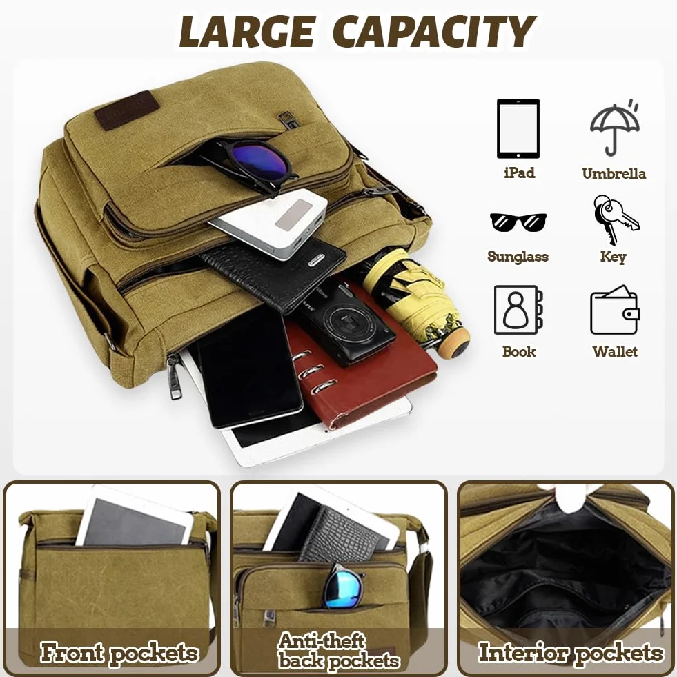 Aucuu Wodoszczelna torba na ramię dla mężczyzn, wielofunkcyjna torba listonoszka, płócienna torba na ramię, płócienna, torba na crossbody, torba robocza, torba męska do szkoły, na podróż, do pracy