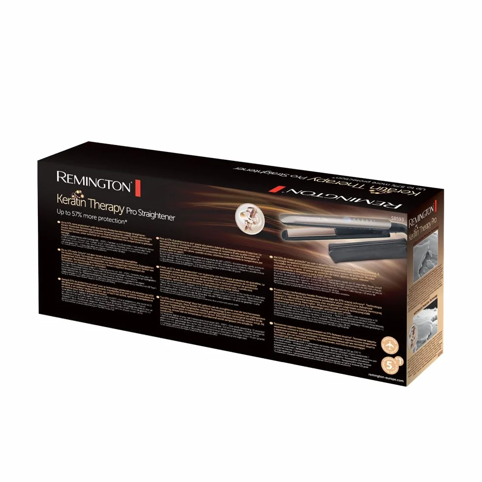Remington prostownica do włosów, ceramiczna z keratyną, czujnik wykrywa poziom nawilżenia i dostosowuje temperaturę, zakres temp. 160-230°C, ruchome płytki, etui, brązowa, Keratin Therapy S8593