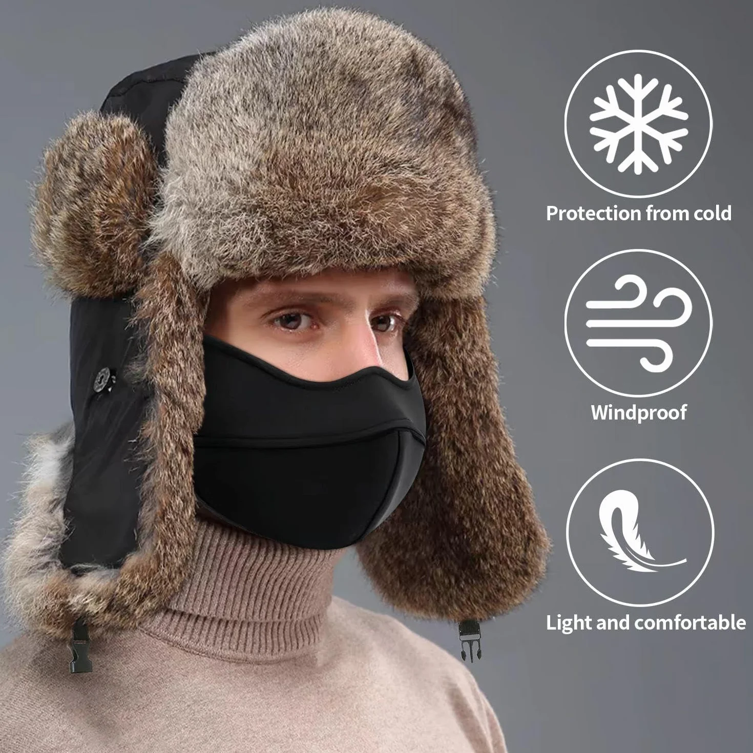1 czapka ochronna na słuch i 1 wiatroszczelna maska, ciepła czapka zimowa, wodoodporna czapka, miękka pluszowa czapka, zimowe produkty outdoorowe, czarny, S-M