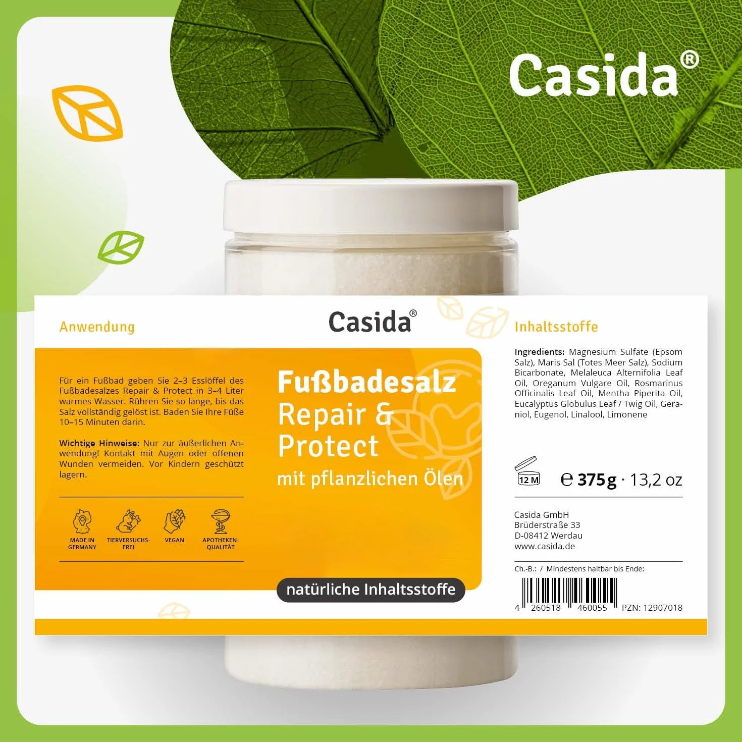 Casida® Sól do Kąpieli Stóp Repair & Protect - ochrona, pielęgnacja i higiena w przypadku grzybicy stóp, grzybicy paznokci, zrogowaciałej skóry i nieprzyjemnego zapachu stóp - jakość apteczna - 375 g