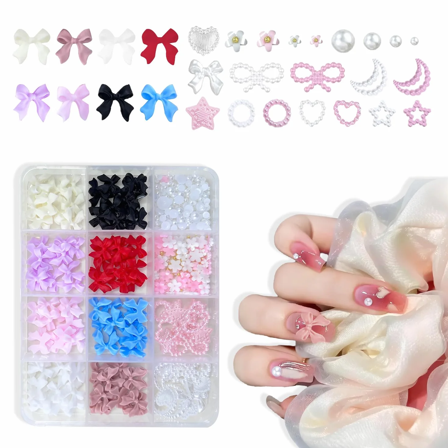 1 pudełko 12 siatek 3D Dekoracja paznokci, DIY Nail Art Design, Akcesoria do zdobienia paznokci dla kobiet i dziewcząt, mieszane kolorowe kokardy, płaskie tło koraliki, gwiazdy, kwiaty