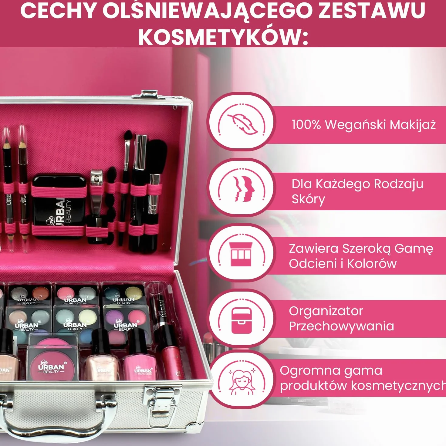LOVE URBAN BEAUTY Wegańskie Olśniewające etui do makijażu – 60-częściowy zestaw do makijażu i paznokci dla nastolatków – Eleganckie srebrne pudełko – Kompaktowy i lekki design