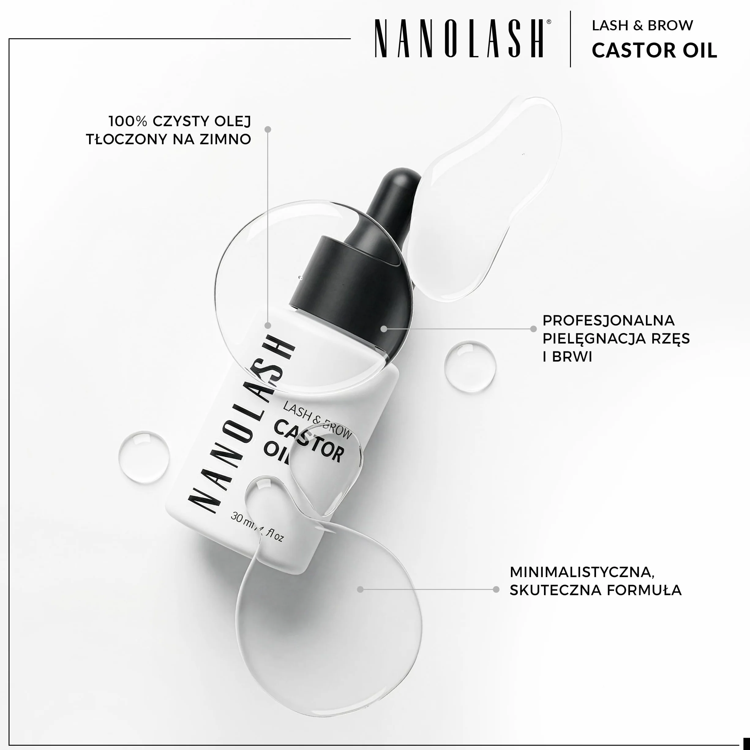 Olejek rycynowy Nanolash 30 ml - 100% naturalny, zimnotłoczony i nierafinowany olejek do rzęs i brwi, przyśpiesza wzrost rzęs, olej rycynowy z aplikatorem