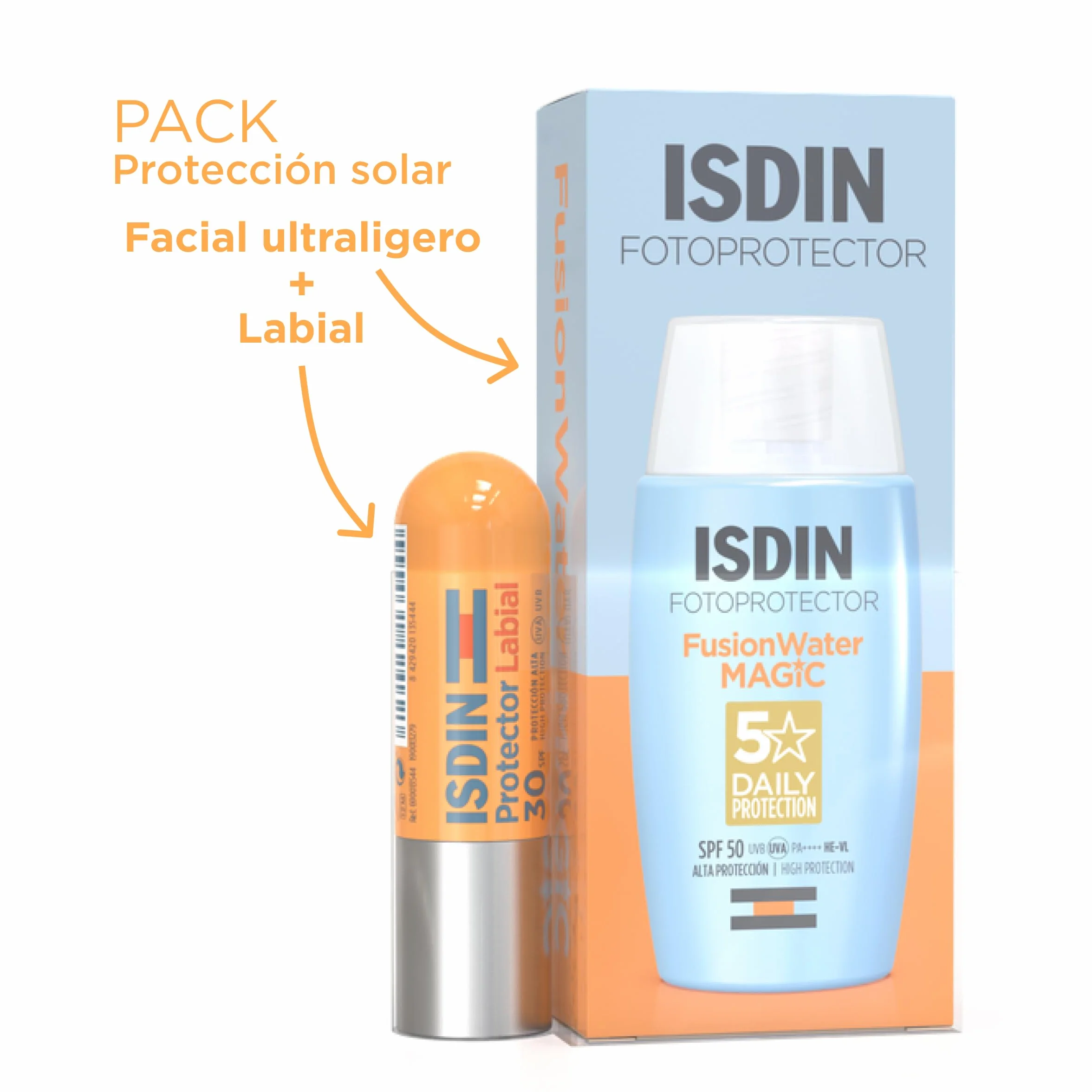 ISDIN Fotoprotection Pack Fusion Water MAGIC SPF 50, ultra lekka konsystencja twarzy krem przeciwsłoneczny z fazą wodną 50 ml i ochraniacz na usta SPF 30 chroniący, naprawia i nawilża usta 4 g