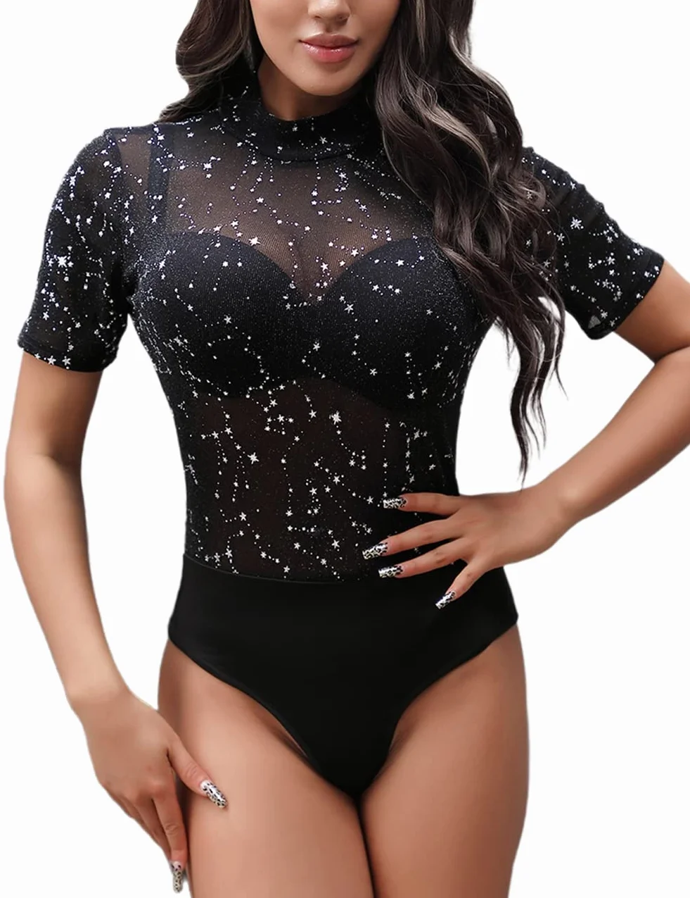 SEBOWEL Kobiety Sexy Body Eleganckie Długie Rękawy Przezroczysty Sheer Mesh Bodysuit Top Club Party Kombinezon Bodycon Bluzka Koszulka