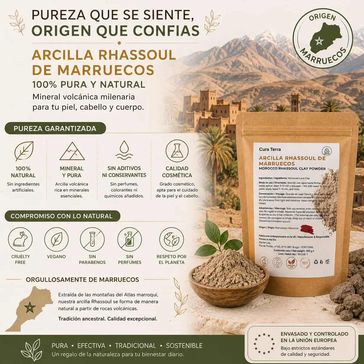 Ghassoul Rhassoul Clay Powder 100% Pure Moroccan Volcanic Lava Clay Natural Detox Face Hair Body Mask 100gr