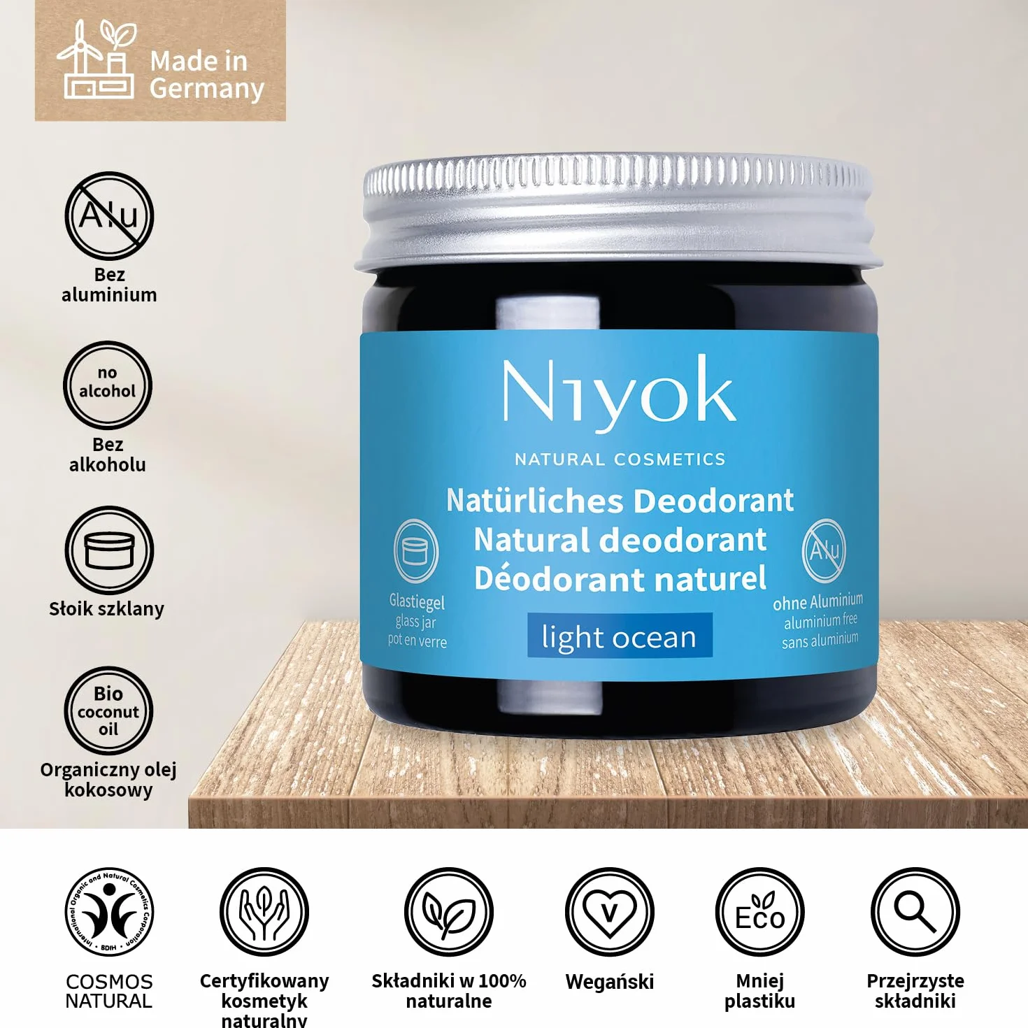 Niyok 2w1 Dezodorant krem LIGHT OCEAN 40 ml, Naturalny crem antyperspiracyjny bez aluminium, 24h ochrona przed potem i nieprzyjemnym zapachem, Krem do dezodorantu unisex, Wegański, certyfikat COSMOS