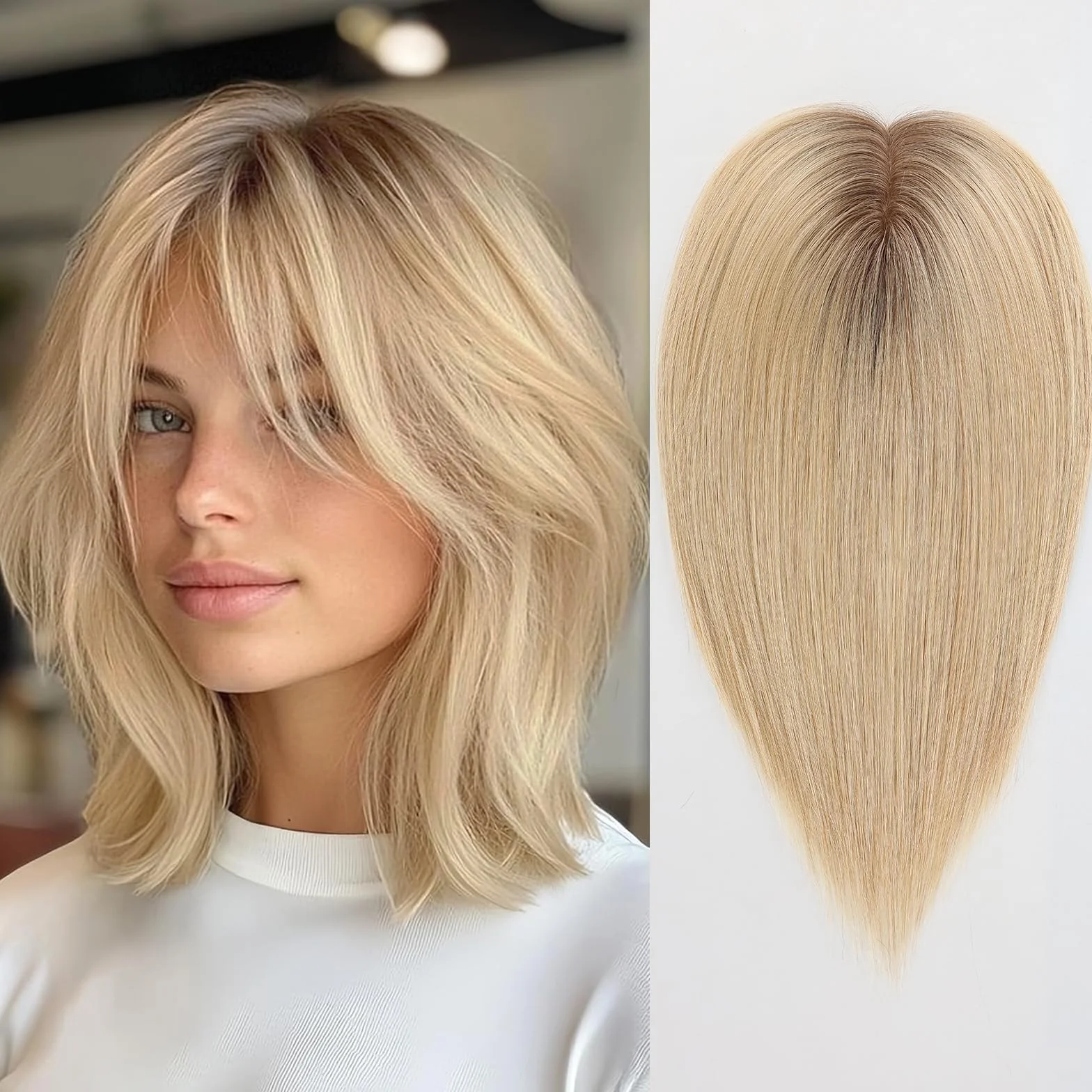 HAIRCUBE Topper do włosów dla kobiet, górne części włosów, 100% prawdziwe ludzkie włosy z grzywką, topper na ludzkie włosy ze szwajcarską koronką, ręcznie wiązane włosy do rzednących/cienkich włosów