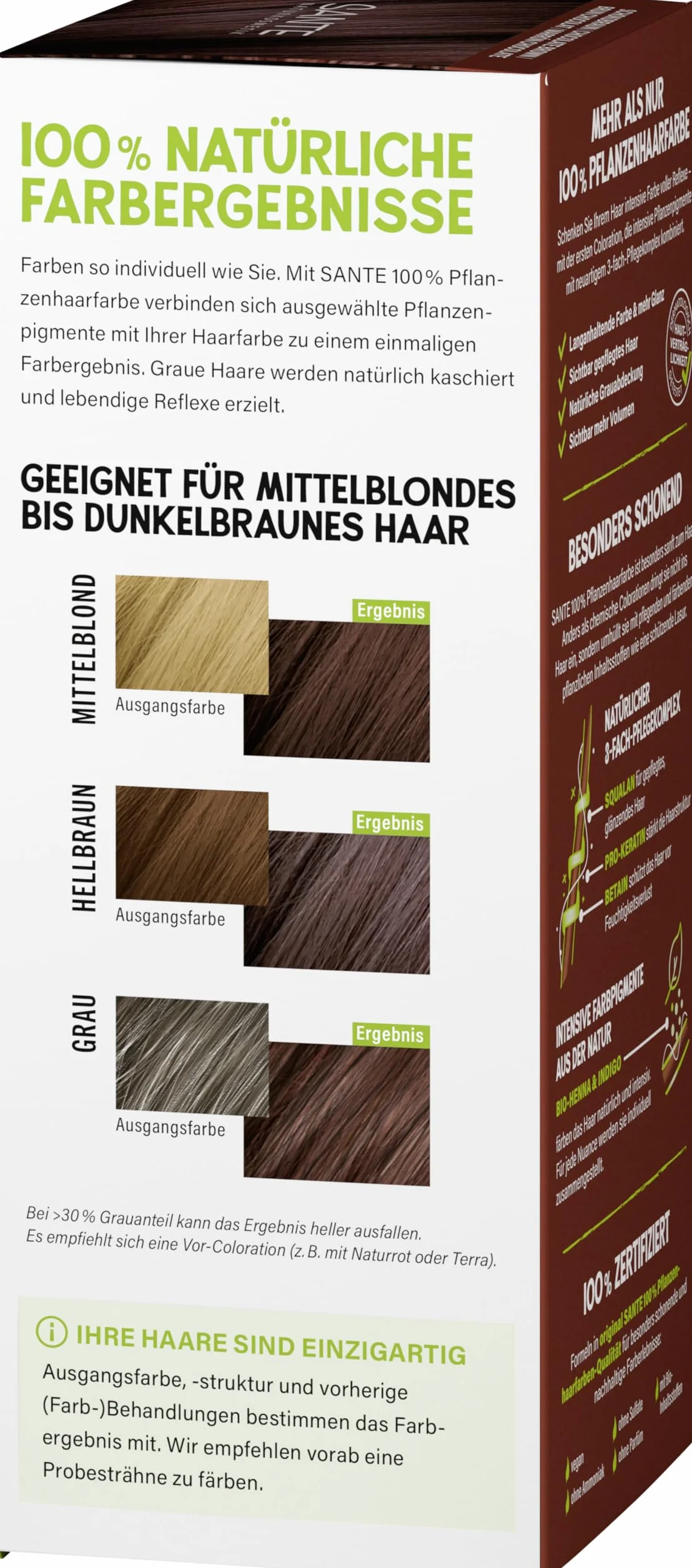 SANTE Naturkosmetik 100% roślinna farba do włosów w proszku 02 czekoladowy brąz, wegańska koloryzacja włosów z ekologiczną henną i indygo, długotrwały brąz, naturalne pokrycie szarości i połysk, z