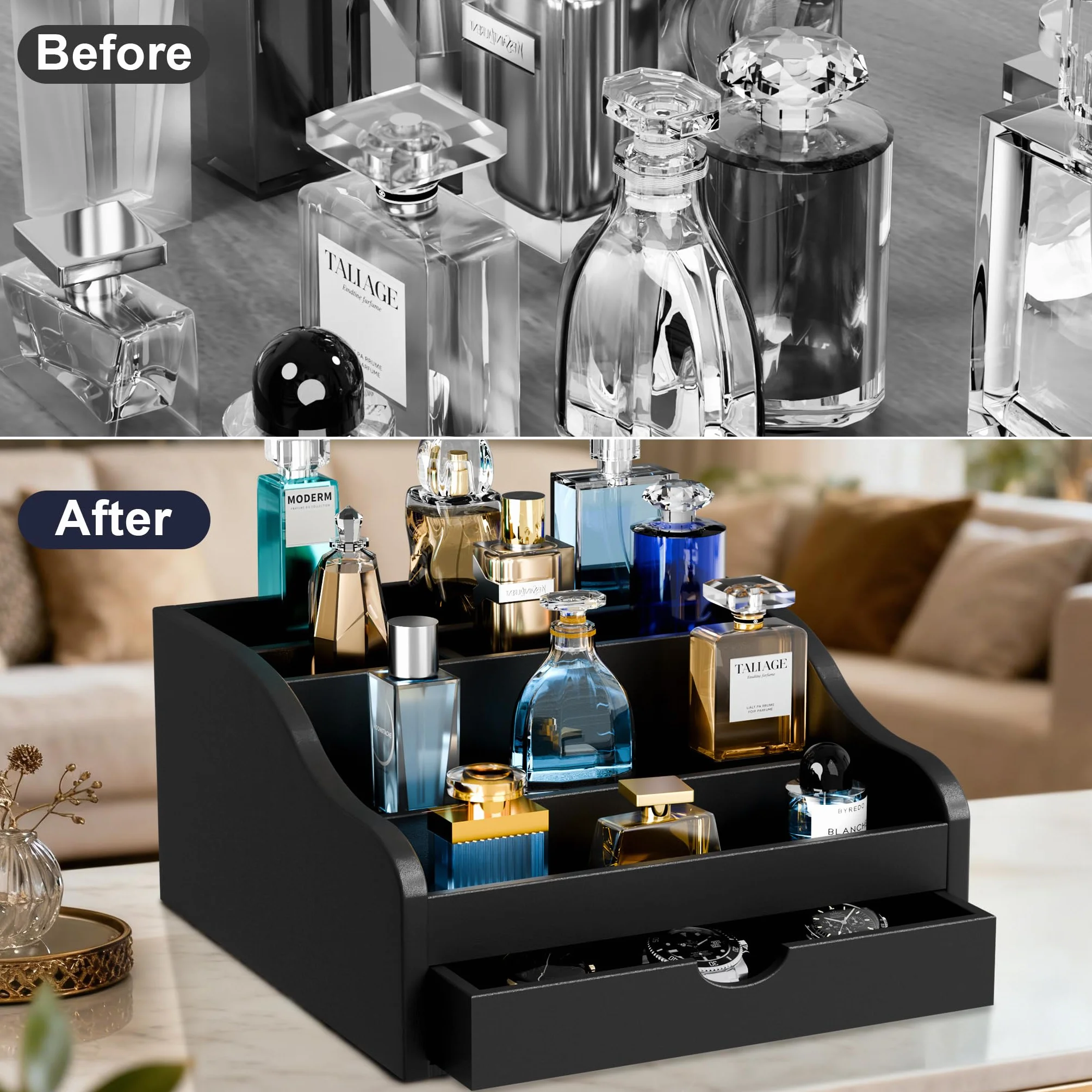Köln organizer na perfumy, 4-stopniowy stojak na perfumy, organizer kosmetyczny z 2 szufladami i ukrytą przegródką, wielofunkcyjny, drewniany, regał na perfumy, na figurki, biżuterię
