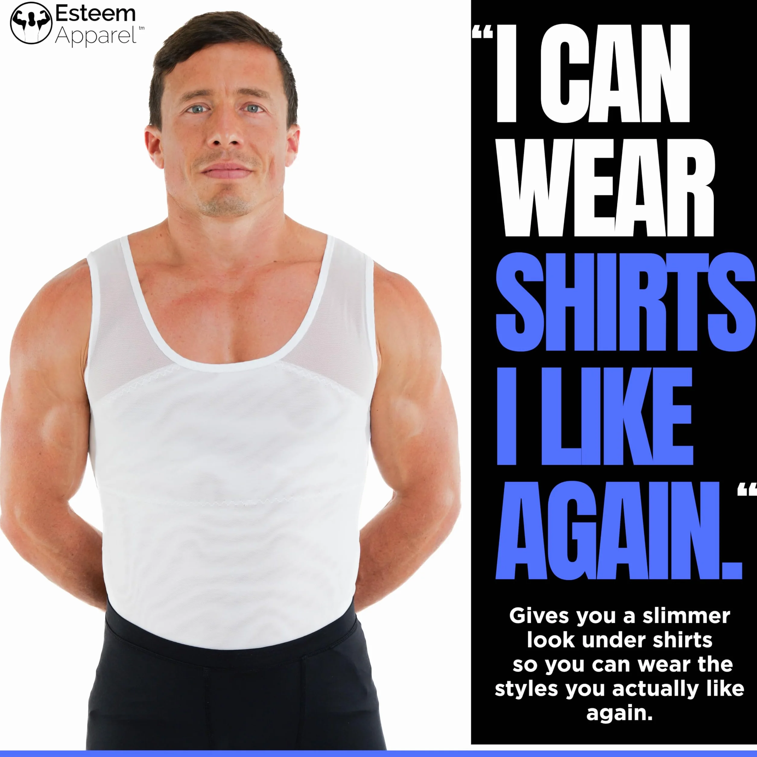 Esteem Apparel Oryginalna męska koszula kompresyjna na klatkę piersiową, aby ukryć bieliznę modelującą Ginekomastię Moobs, biały, L