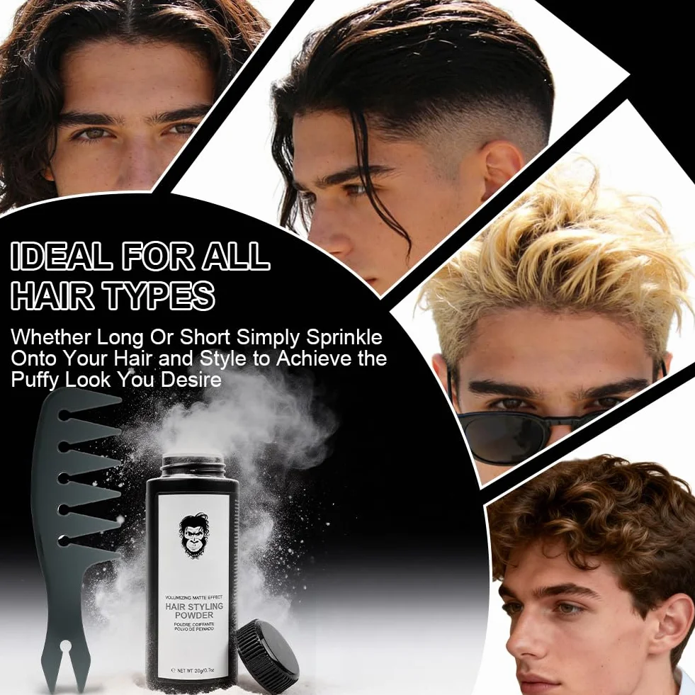 Beugo Proszek do stylizacji dla mężczyzn 20 g, puder teksturujący Powderful objętość, naturalne i matowe wykończenie, puder do włosów, grzebień do stylizacji, wosk w proszku do włosów dla objętości i