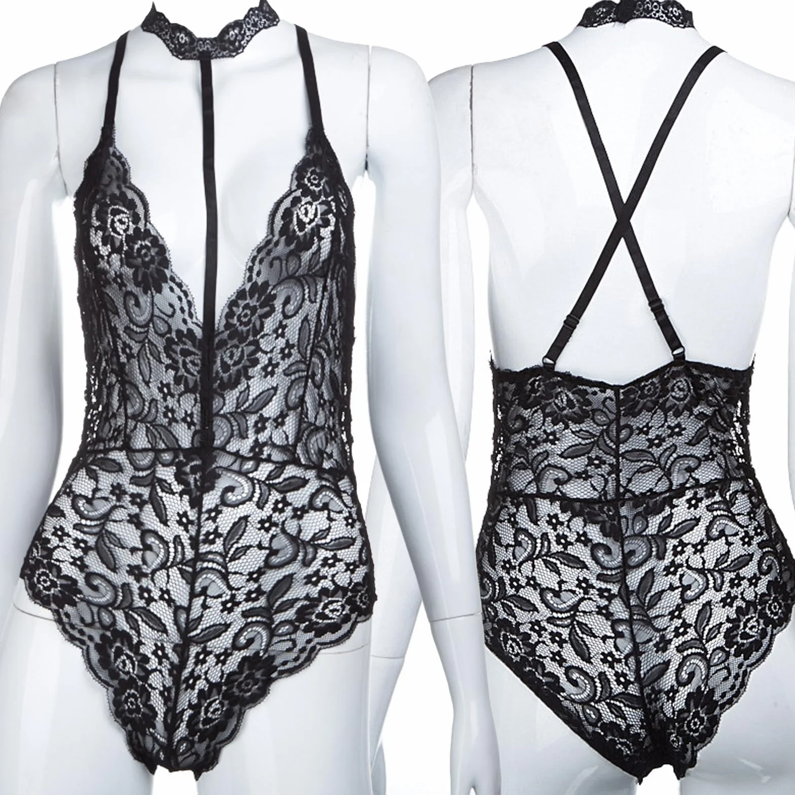 seksowna bielizna damska z koronkowym wycięciem z głębokim dekoltem w serek koszula nocna Teddy erotyczna seksowne body przezroczysta jednoczęściowa bielizna Babydoll
