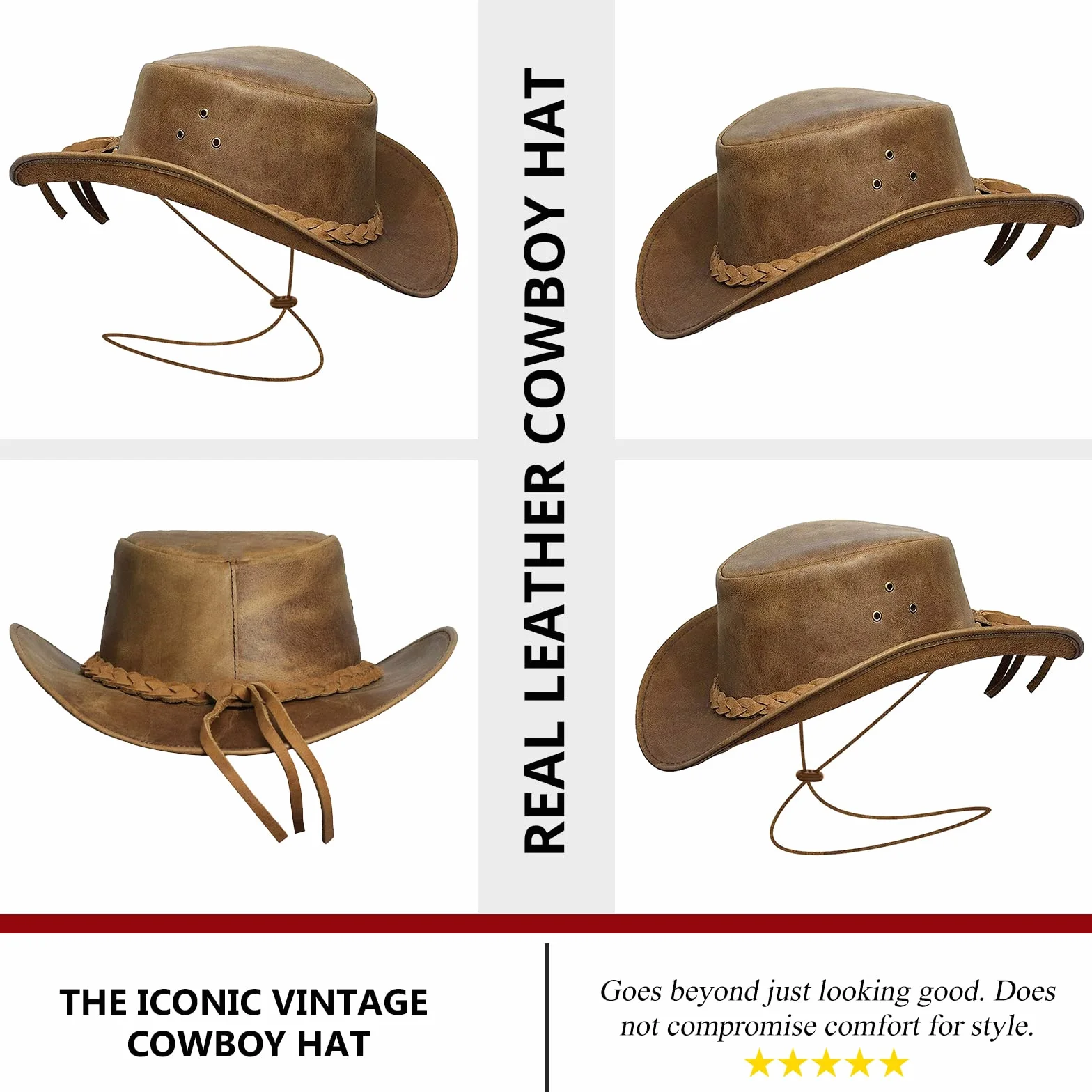 BRANDSLOCK Męski kapelusz w stylu vintage, szerokie rondo, kowbojski, styl australijski, western, krzak, ze sznurkiem