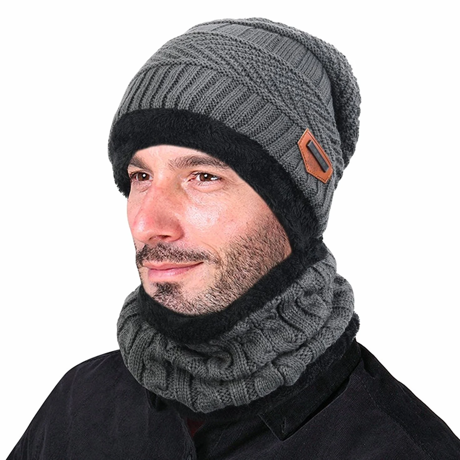 Zimowa czapka beanie, zestaw szalików, podszewka z polaru, ciepła dzianinowa czapka i ocieplacz na szyję, zimowa outdoorowa czapka narciarska i komin dla mężczyzn kobiet, szary, Rozmiar uniwersalny