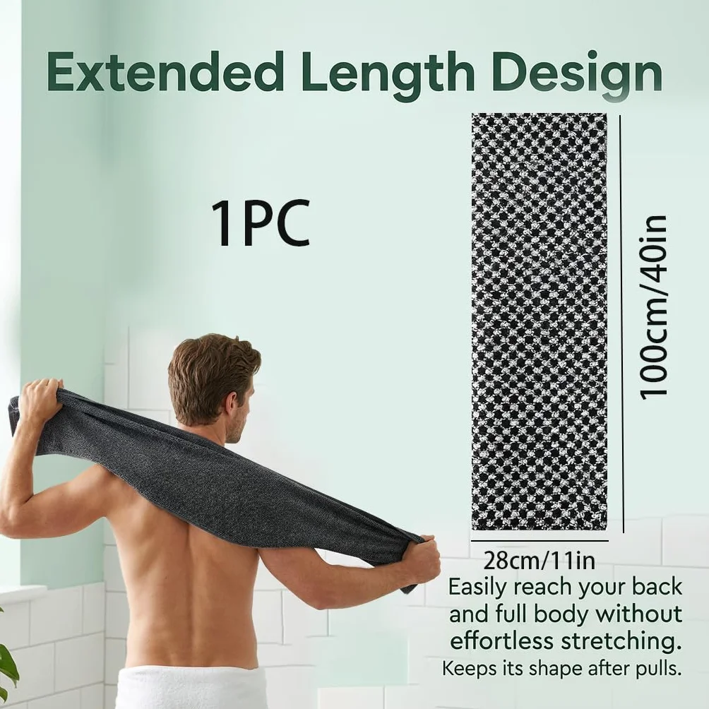 Exfoliating Antibacterial Shower Towel, bardzo długa myjka peelingowa dla mężczyzn i kobiet, głęboko oczyszczający pas do mycia pleców do delikatnego peelingu ciała, czarny