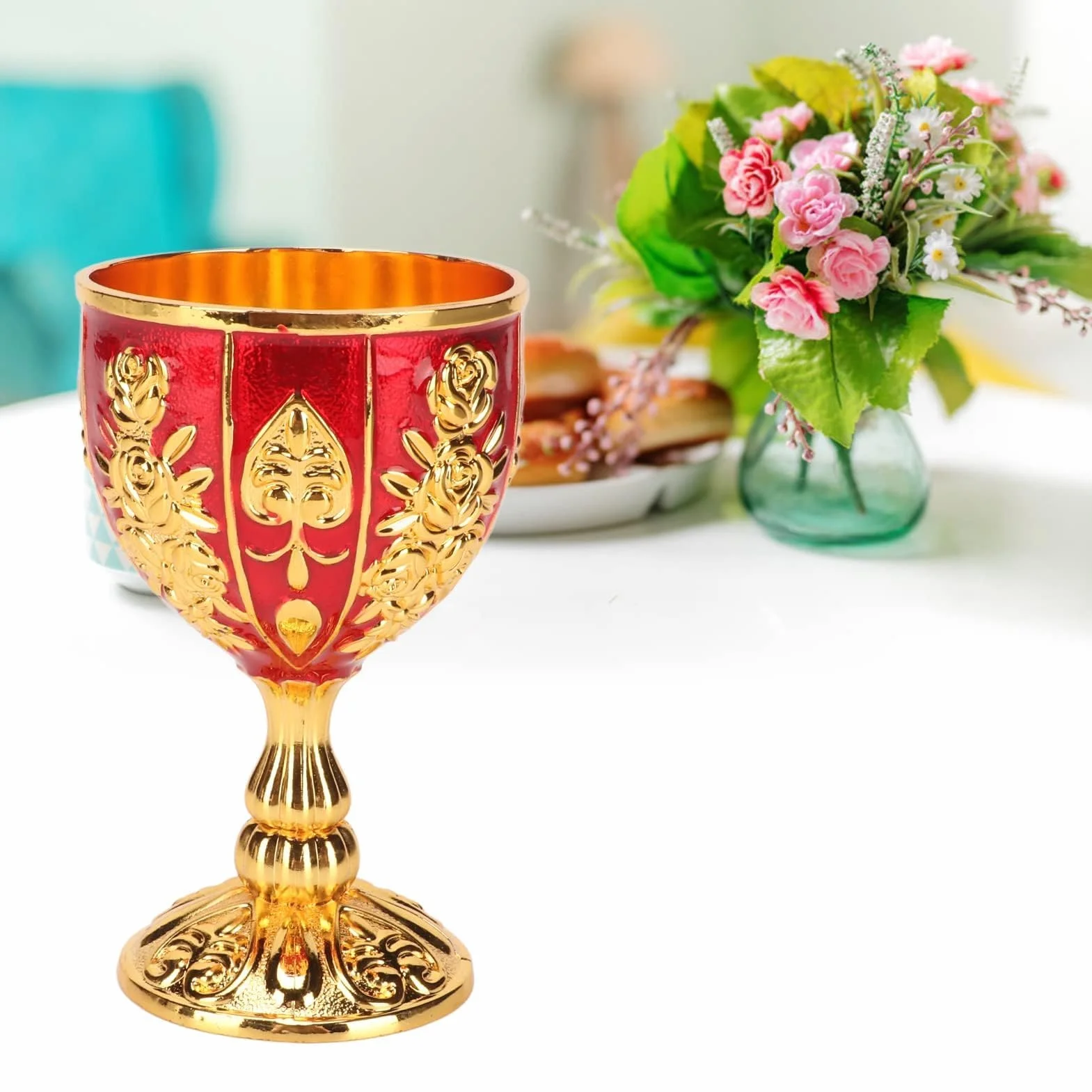 Pimp Cup Retro wytłoczony wzór kwiatowy 10 cm kielich - wysoki stop cynku - elegancki złoty kielich na imprezę, bankiet i bar
