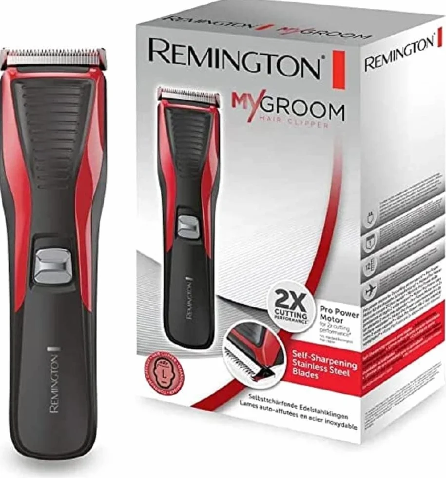 Remington maszynka do włosów, strzyżarka, samoostrzące się ostrza ze stali nierdzewnej, reg. długości 1-23mm, przewodowa, olejek i szczoteczka w zestawie, czerwona/szara, My Groom HC5100