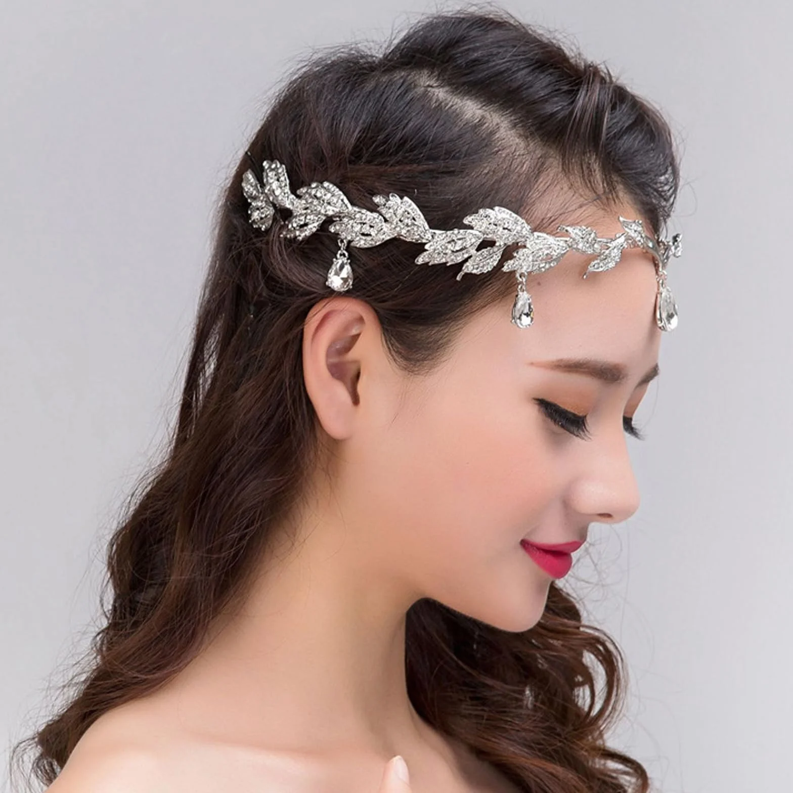 Xinlie Elfowa wróżka, korona weselna, ozdoba do włosów, tiara elfów, liść, ozdoba na urodziny, wesele, przyjęcie, bal absolwentów (kolor srebrny), Stopy, Agat