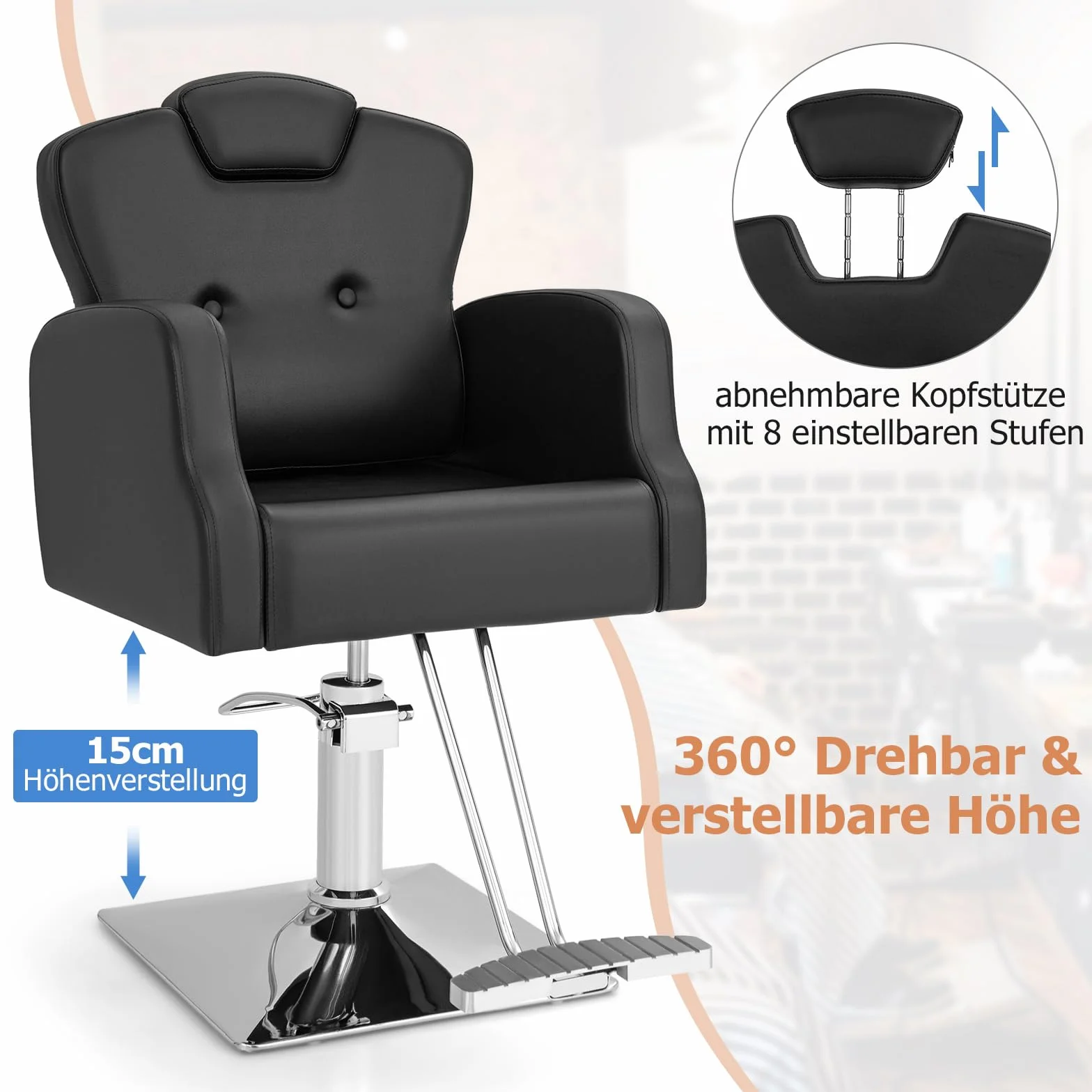 COSTWAY Krzesło fryzjerskie z zagłówkiem, oparciem i pompą hydrauliczną, krzesło do salonu fryzjerskiego z regulacją wysokości, fotel fryzjerski obracany o 360°, krzesło obsługowe, obciążenie do 150