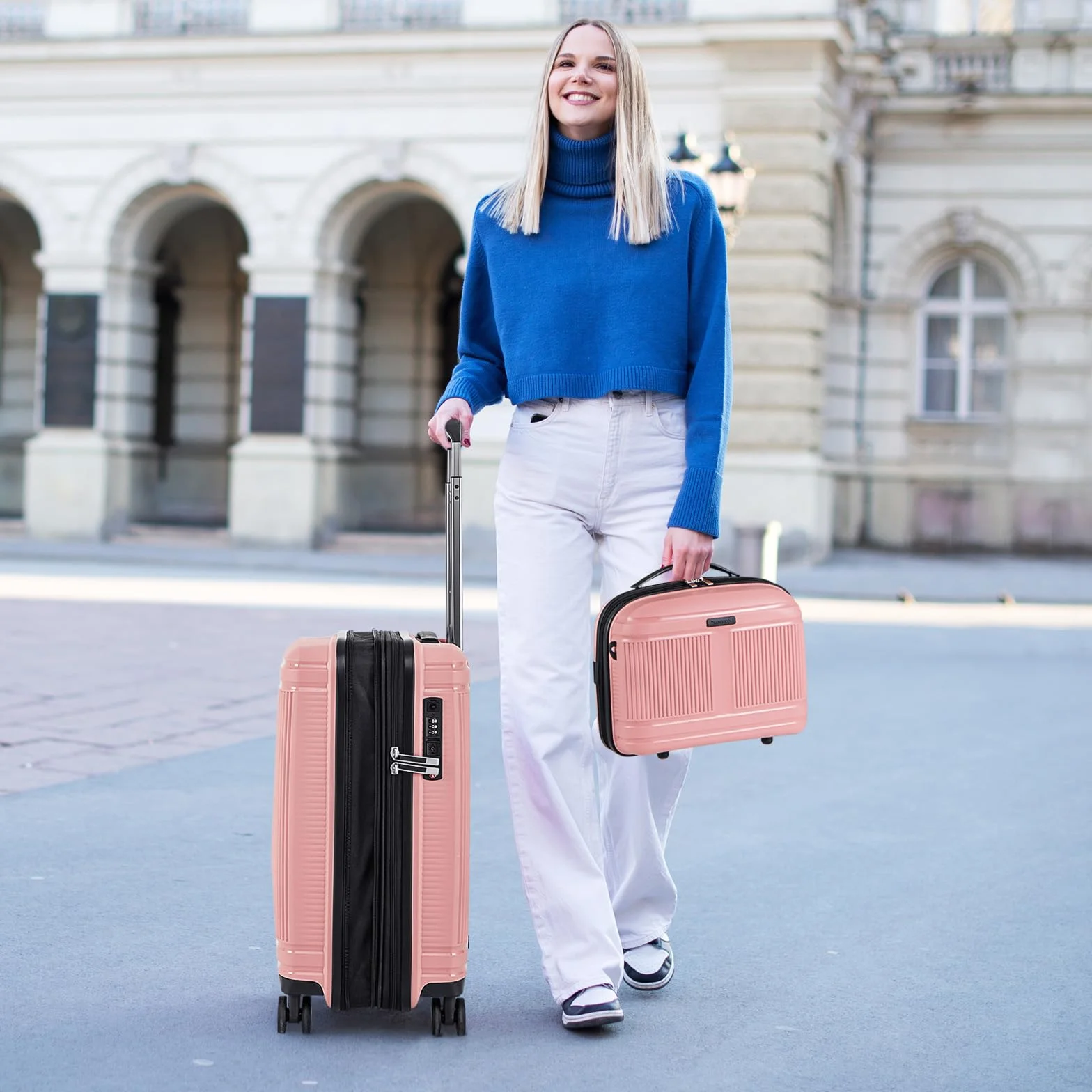 COSTWAY 2-częściowy zestaw bagażu, walizka podręczna o przekątnej 14", z zamkiem TSA, port USB, bagaż na kółkach, 2 sztuki, różowy, 14” + 20", Operacje