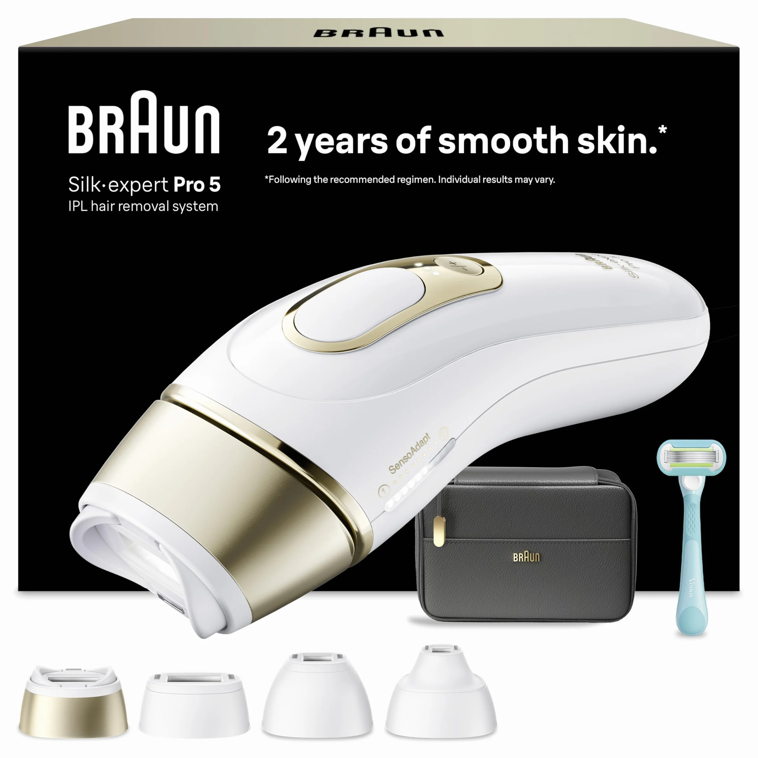 Braun IPL Smart Silk·expert Pro 5, Laserowe Usuwanie Owłosienia w Domu, Trwała Depilacja, Z Saszetką, Golarką Gillette Venus, 4 Nasadkami, PL5431