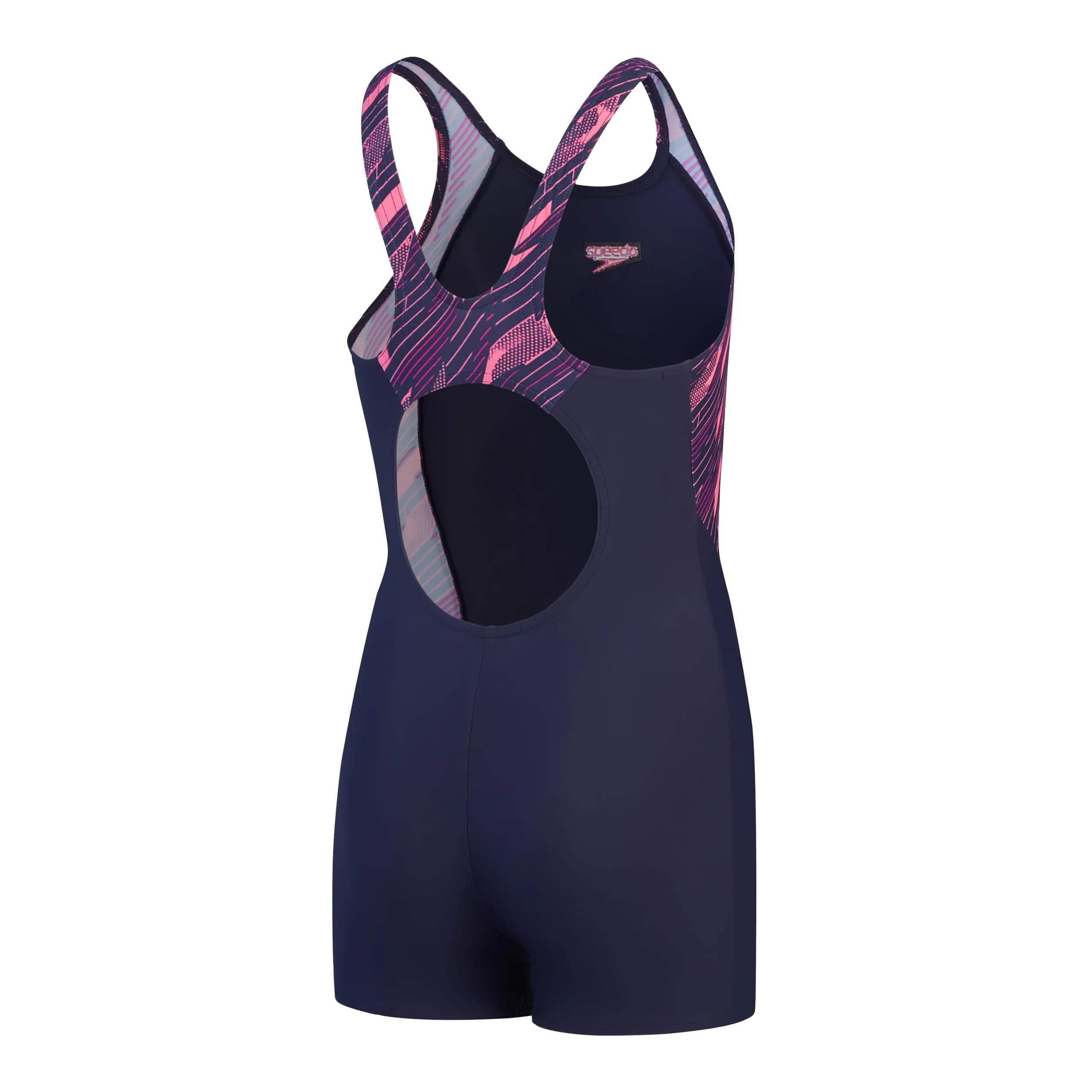Speedo Dziewczęcy kombinezon hiperboom splice, odporny na działanie chloru, szybkoschnący, rozciągliwy materiał, wygodne dopasowanie, 1 sztuka (1 szt.), True Navy/Electric Pink/Fandango Pink, 7-8 lat