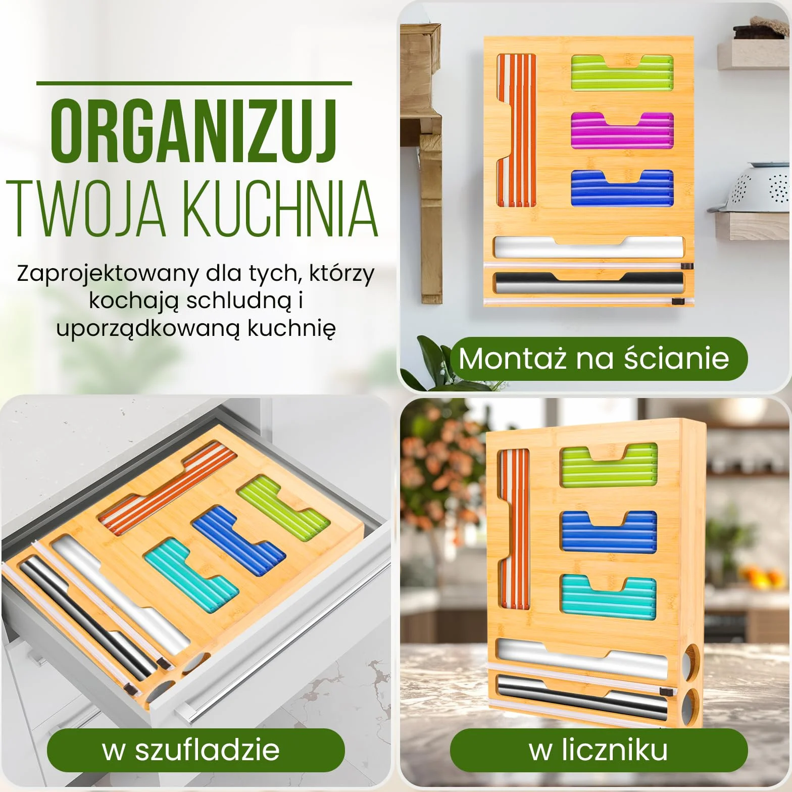 Akcesoria kuchenne 6 w 1 z bambusa z przezroczystym obcinaczem do folii i aluminium, dozownik do zamrażania, 43 x 33 x 9,6 cm, 4 przegródki na torby, 2 wbudowane nożyczki