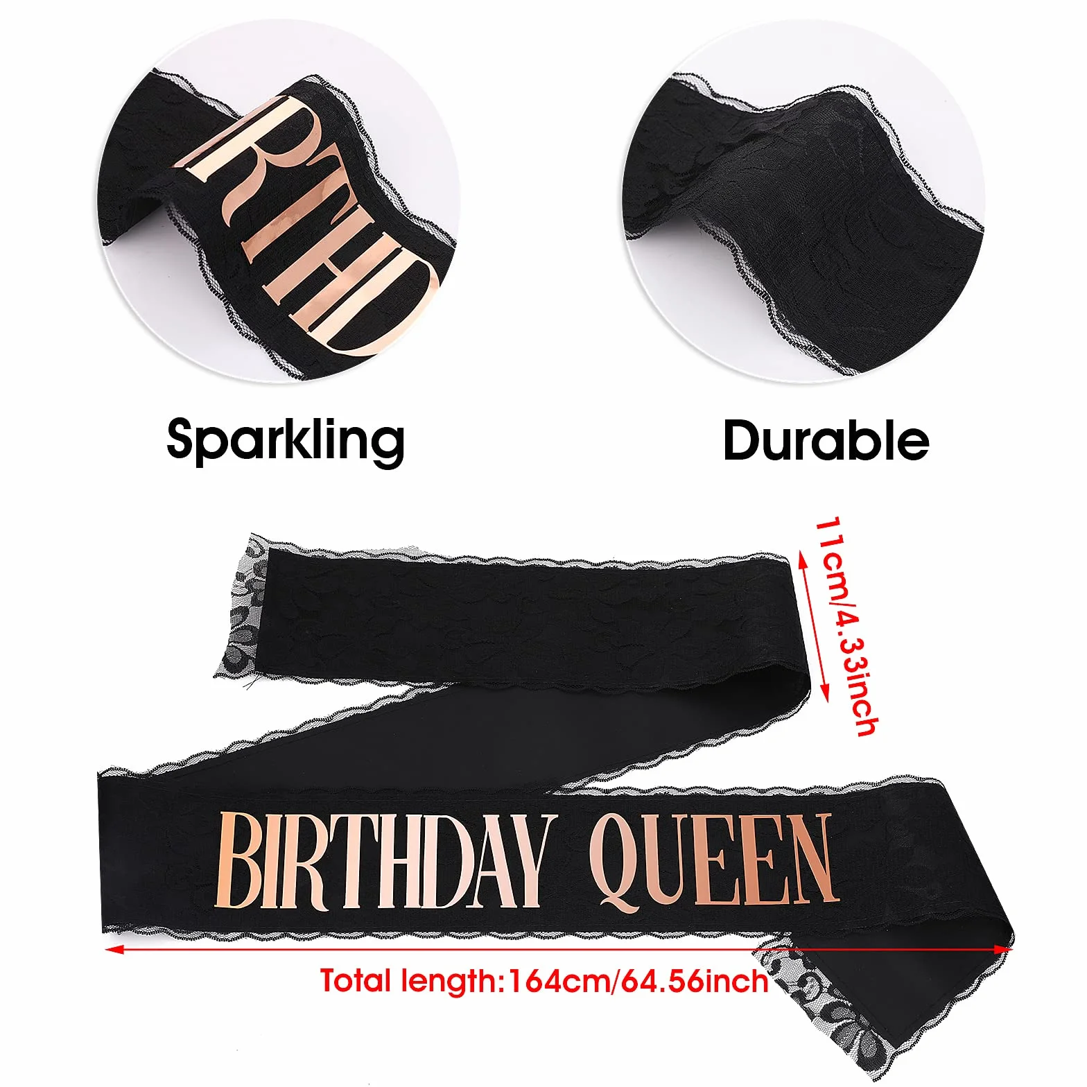 Abeillo Szarfa urodzinowa 'Birthday Queen' - czarna koronkowa szarfa urodzinowa dla kobiet, dekoracje na przyjęcie urodzinowe dla Sweet 16, 18, 21, 25., 30., 40., 50. lub na dowolne przyjęcie